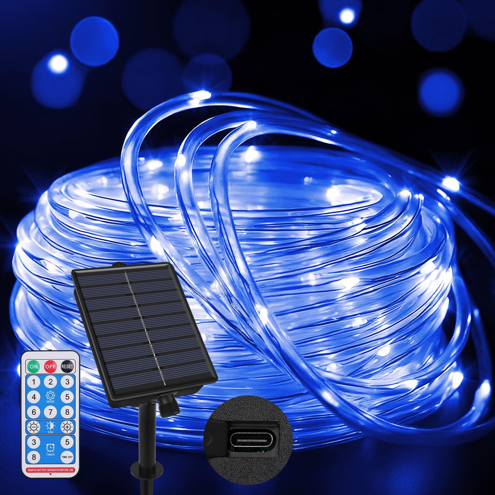 Joollurm Outdoor Rope Lights 65.6ft/20m 200 LEDs, Dual Solar & Type-C Charging, 8 Lighting Modes with Remote Timer, Waterproof String Lights for Garden Yard Party Christmas Decoration-Blue