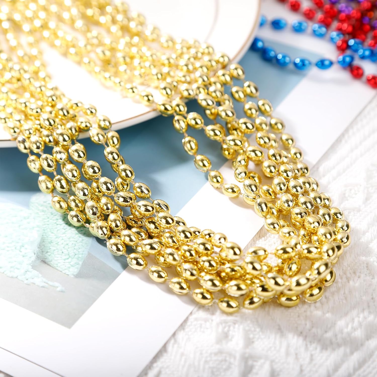 48 Pack Mardi Gras Beads Necklaces, 30 Inch Gold Plastic Beads for Party Favors, Festival Decorations, Parade Throws, Christmas, St. Patrick's Day Celebrations (Oval, Gold)