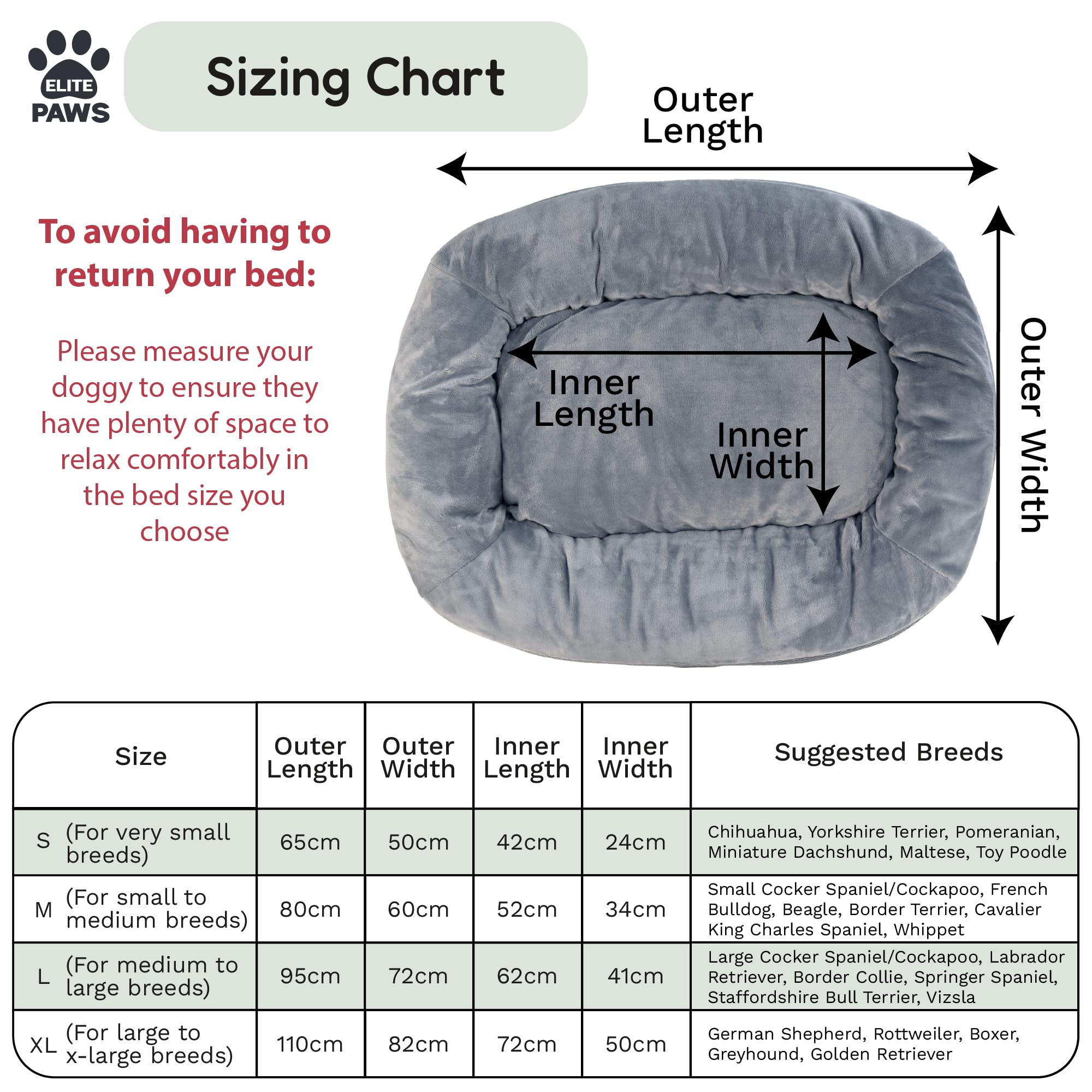 Elite Paws UK: Cuccia per cani in stile ortopedico di lusso, base in schiuma a doppio strato con cuscino in peluche, lati rinforzati per supporto per testa, collo e articolazioni, più fodera in pile