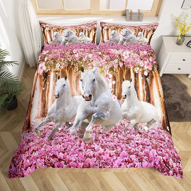 Horse Duvet Cover White Galloping Horse Bedding Set For Kids Boys Girls Children Pink Flowers Petal Bedding & Linen Ultra Soft Chic Wildlife Style Bedding & Linen Single Size Zipper