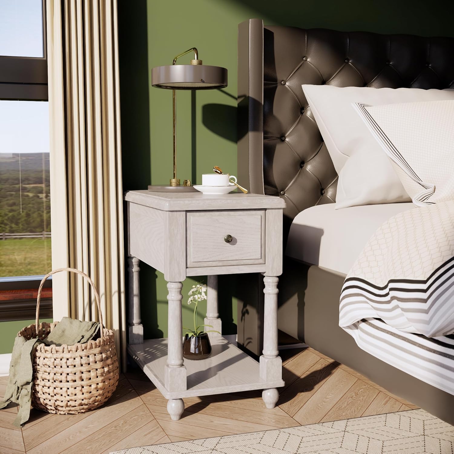 Solid Wood Narrow End Table with Drawer, Sofa Side Table with Storage Shelves, Slim Beside Table ,Telephone for Small Spaces, Living Room, Easy Assembly 22" x 13" x 22.7" AntiqueWhite BBJ004RW