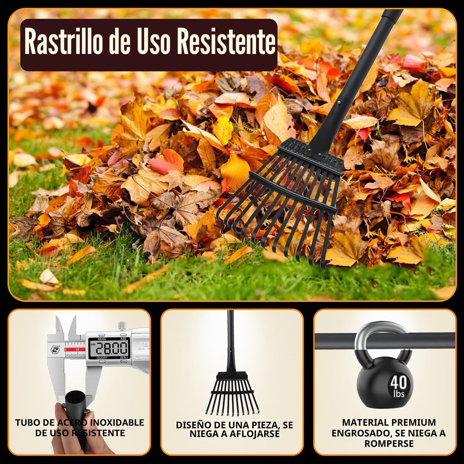 Rastrillo de Jardin pequeño con Mango Ajustable de 160 cm, rastrillo de Mano de Metal Resistente de 11 púas rastrillo de Hojas de jardín para Recoger Hojas, arbustos, matas
