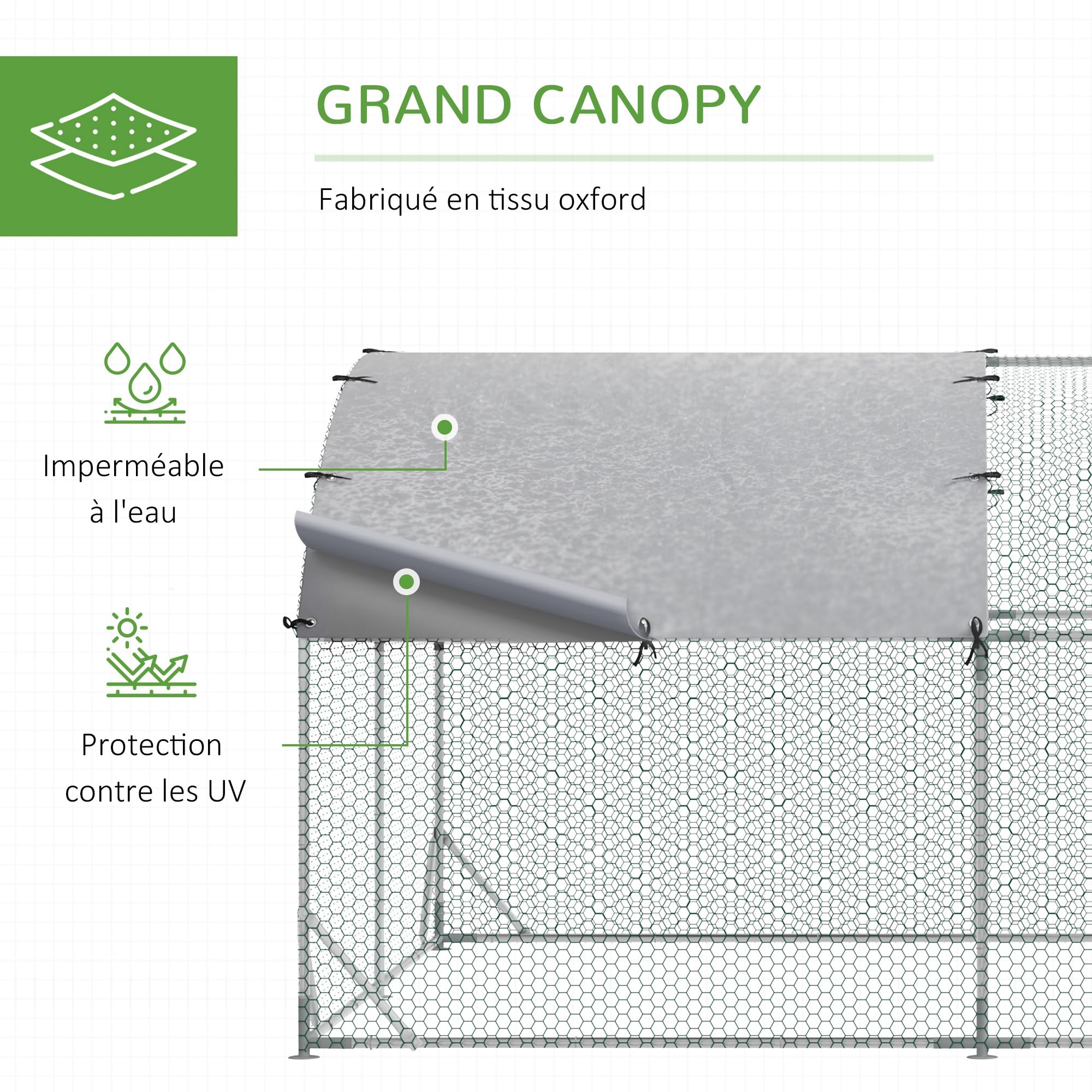 PawHut Grand Enclos Poulailler Extérieur 10,64 ㎡ 2,8 x 3,8 x 1,97 m Argenté | Chenil, Volière Extérieure, Parc Grillé, Toit Anti-UV, Acier Galvanisé, Porte Verouillable