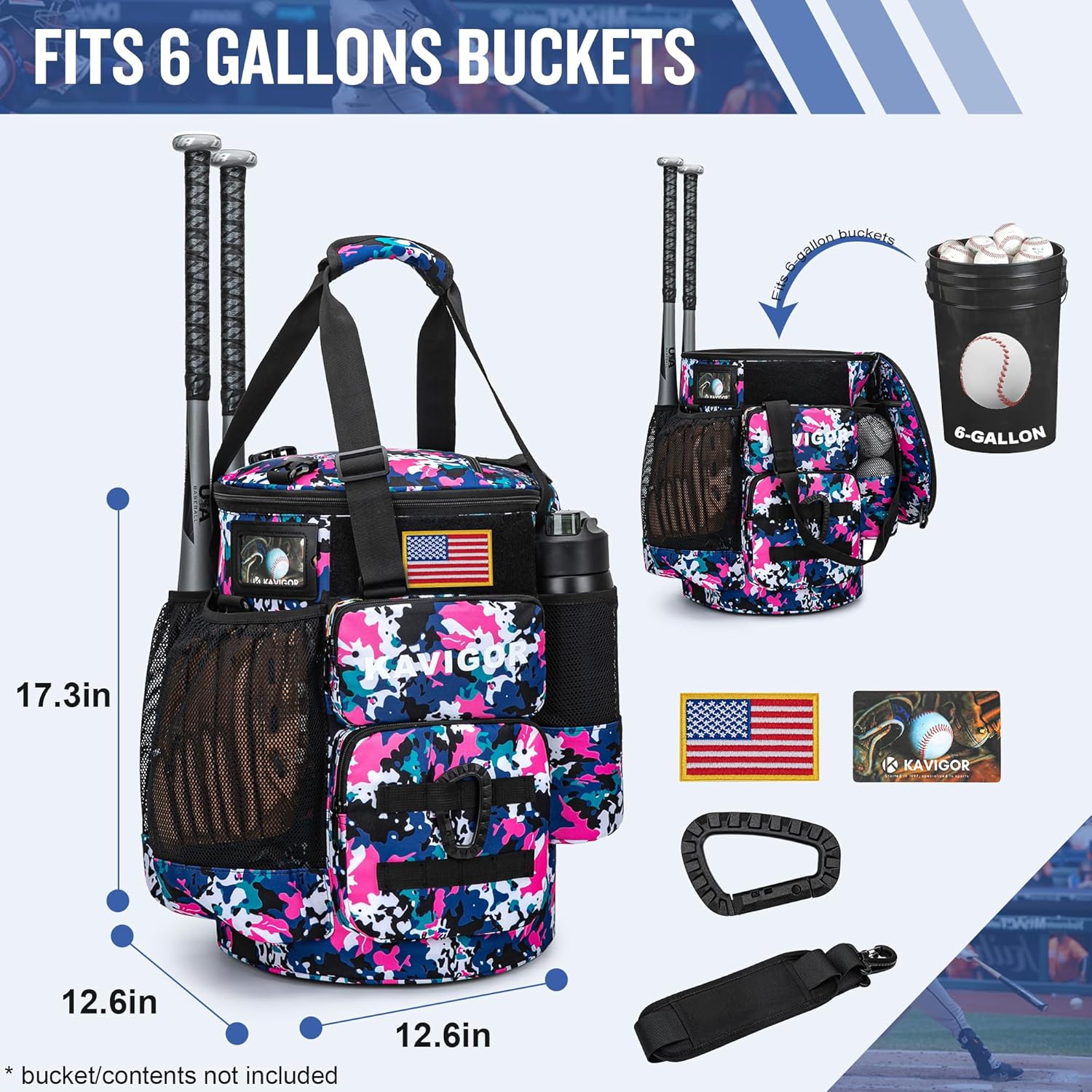 KAVIGOR Baseball Bucket Bag, Softball Coaches Bag with Padded Seat, Bucket Cover with Insulated Pocket and Hidden Helmet Holder