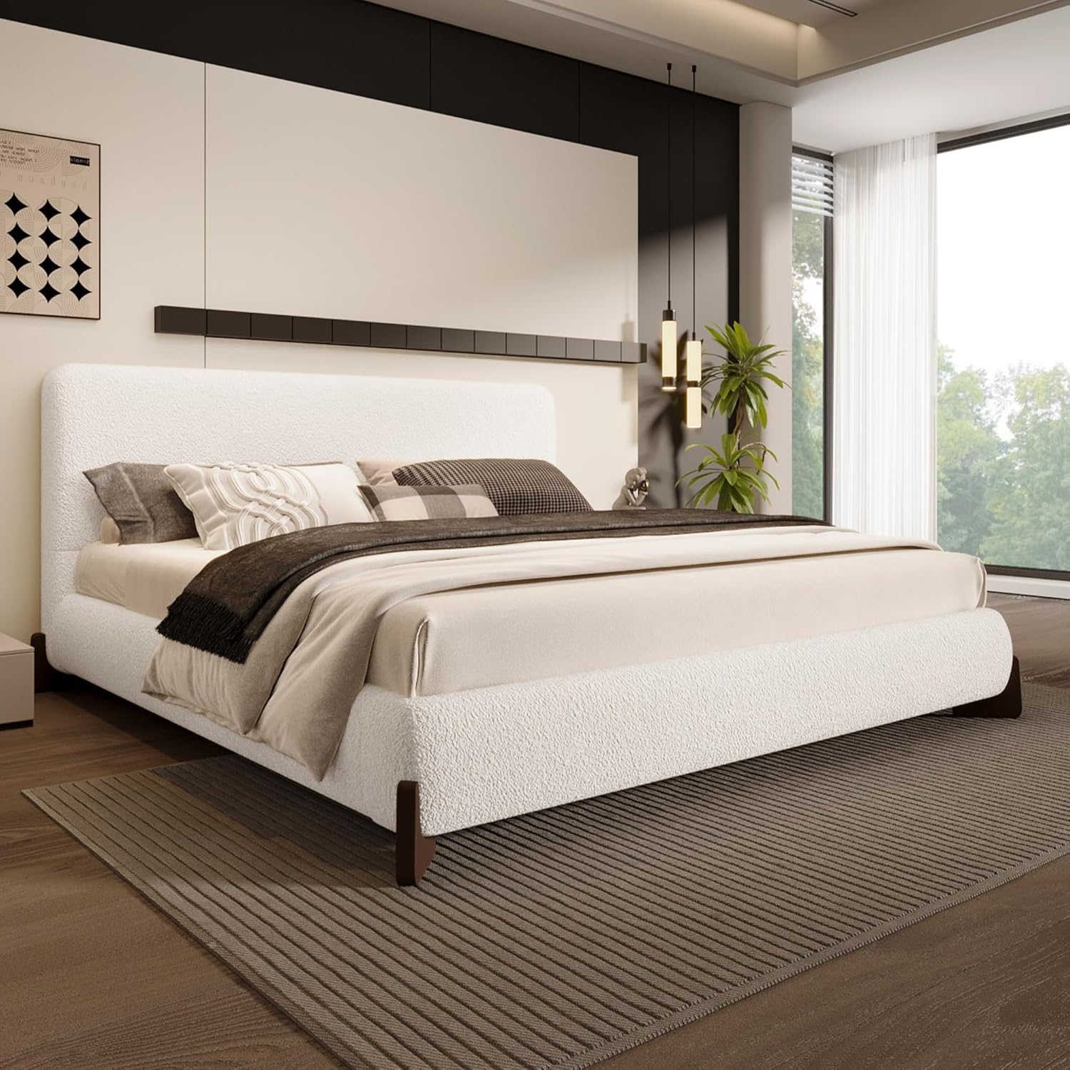 (Incomplete box 2 of 2)))Merax Boucle Upholstered Bed, King Bed Frame and Headboard, Platform Bedframe, No Box Spring Required, Easy Assembly, White Classic White King