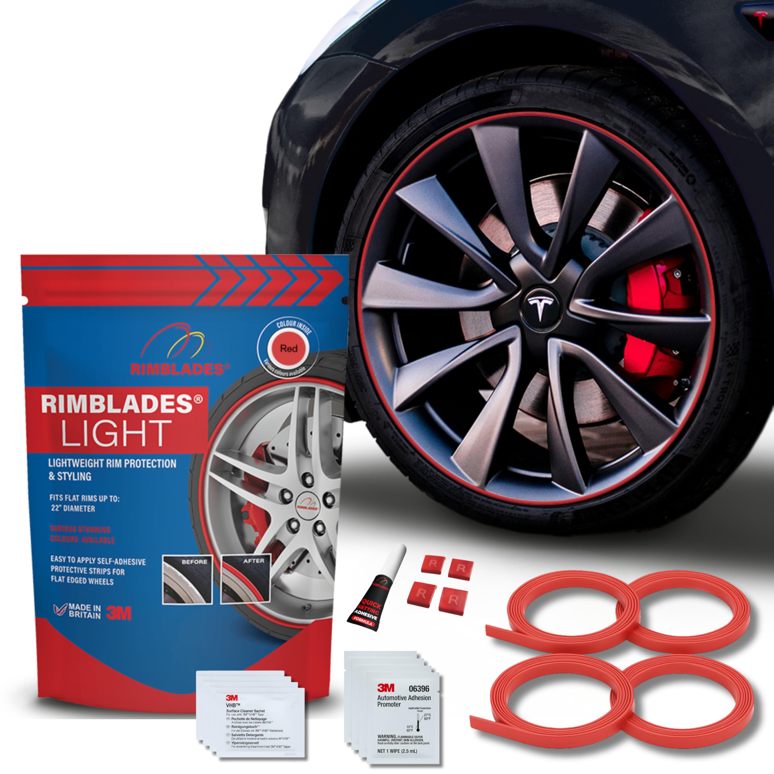 Rimblades Light Red Alloy Wheel Protectors - Fits Up to 24” x 4 Wheels | For Flat Edge Wheels | 8 Colour Options | Easy DIY Fit | Car Exterior Accessory