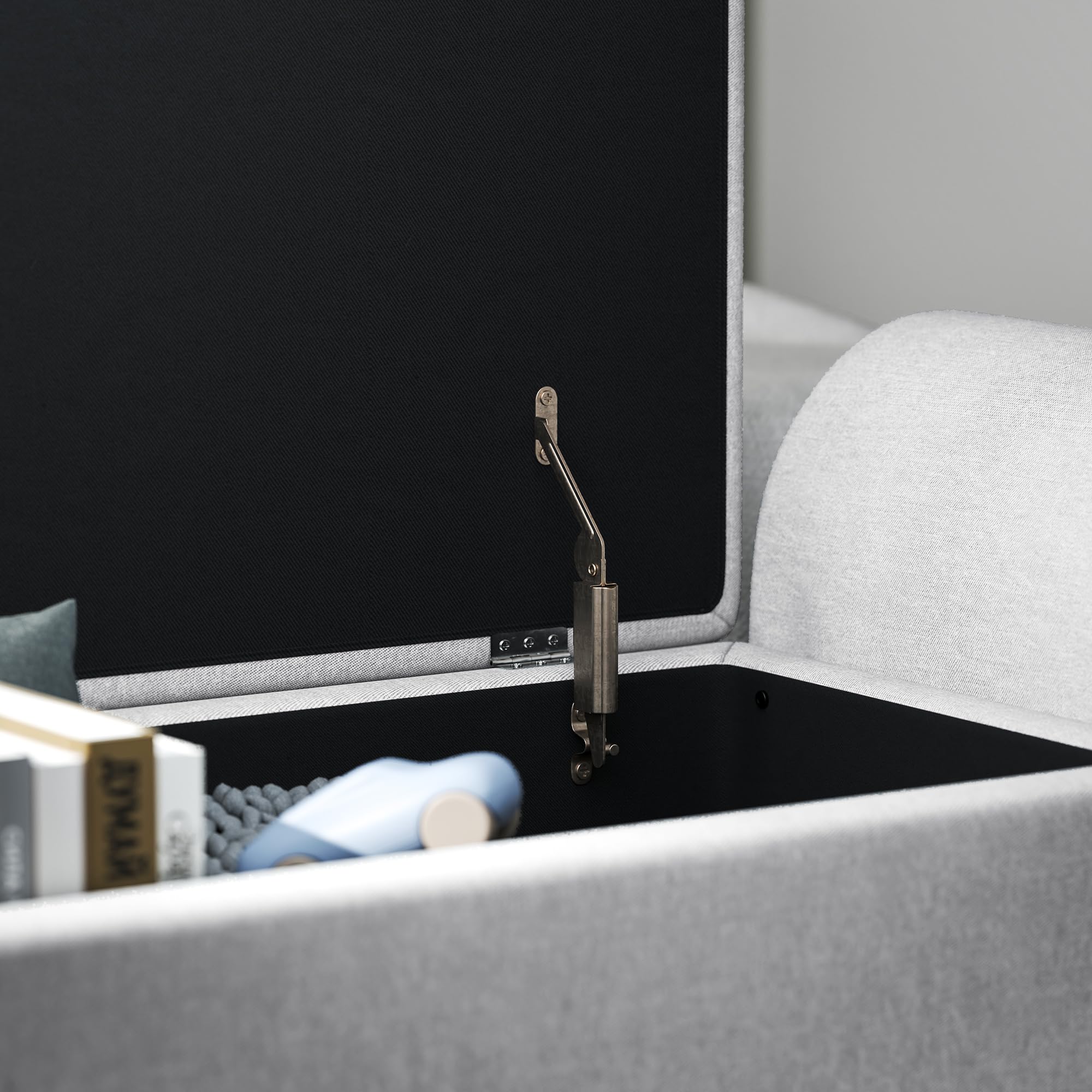 HOMCOM Panca Contenitore Fondo Letto con Braccioli, Pouf in Tessuto con Gambe in Legno e Vano da 53.8L, per Camera e Salotto, 132x42x50 cm, Grigio