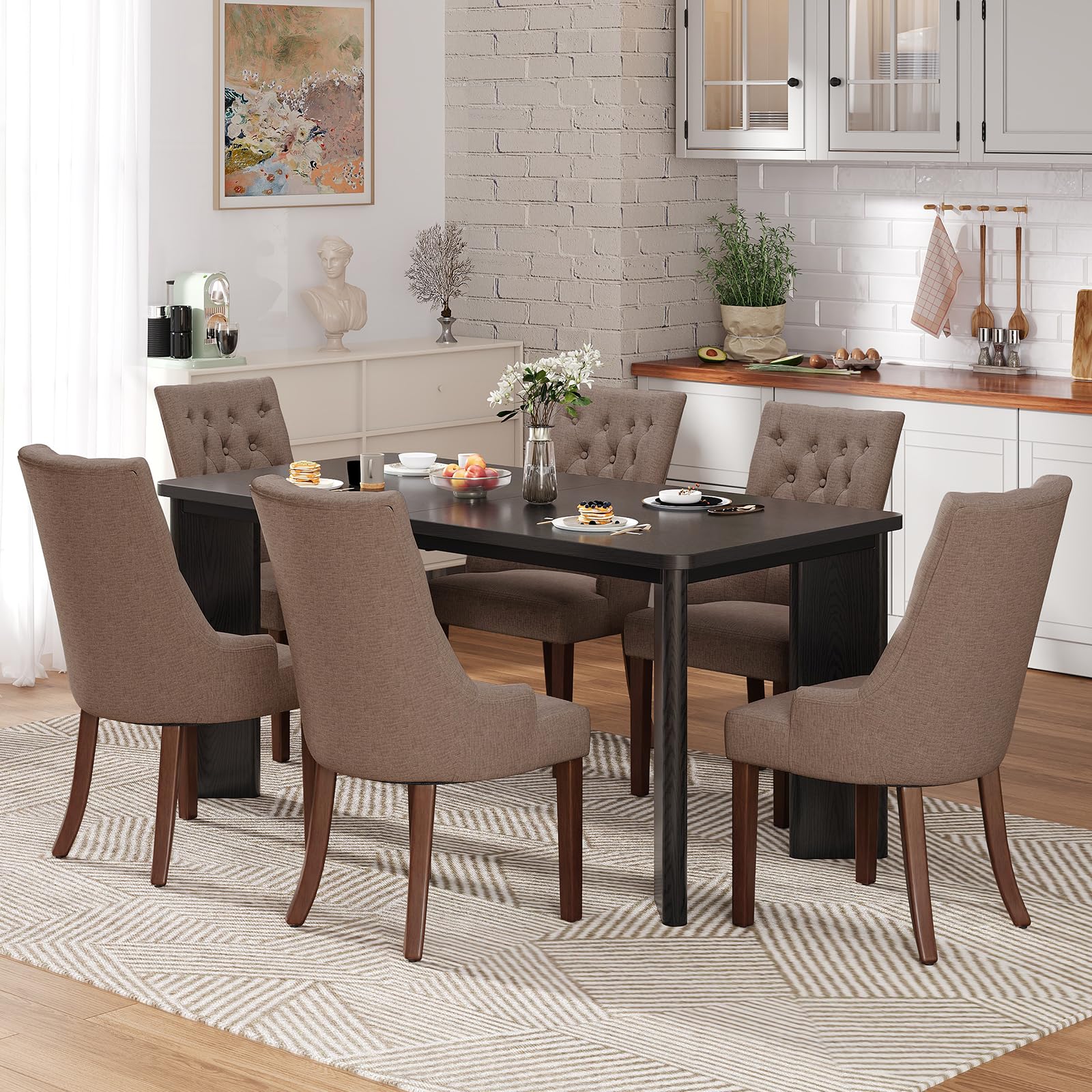 MALOL 7-Piece Rectangular Dining Table Set for 6, 63" Industrial Kitchen Table with 6 Tufted Parsons Dinner Chairs for Dining Room, Kitchen, Living Room, Black+Camel