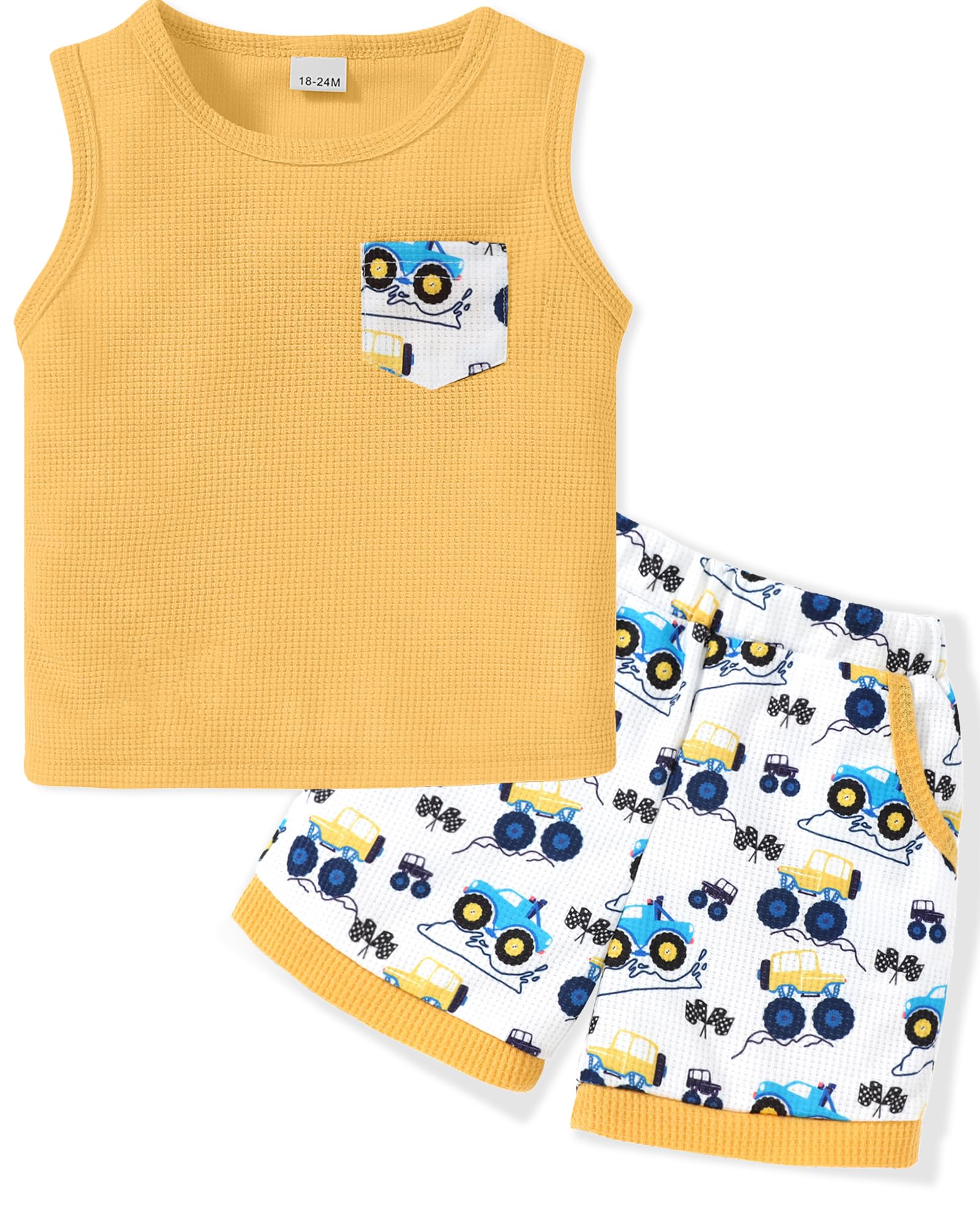 SOLOYEE Toddler Boy Clothes Summer Outfits Sleeveless Waffle-Knit Tank Tops T-Shirt+Casual Shorts 2 Piece Clothing Set 1-5T