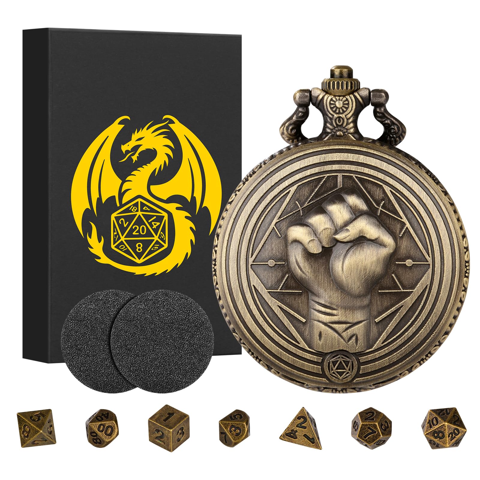 Mini DND Dice Set with Steampunk Monk (Fist) Pocket Watch Case, Tiny 7PCS Polyhedral Metal D&D Dice, DND Gifts with Gift Box, Role Playing Game Board Game Accessories Dice, Bronze