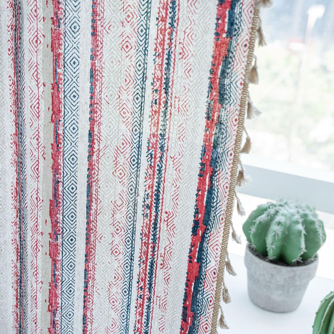 vctops Boho Window Curtain with Tassel, Bohemian Geometric Printed Decorative Curtains Panel Cotton Linen Rod Pocket Window Treatment Curtain for Bedroom Living Room - 59"x63"