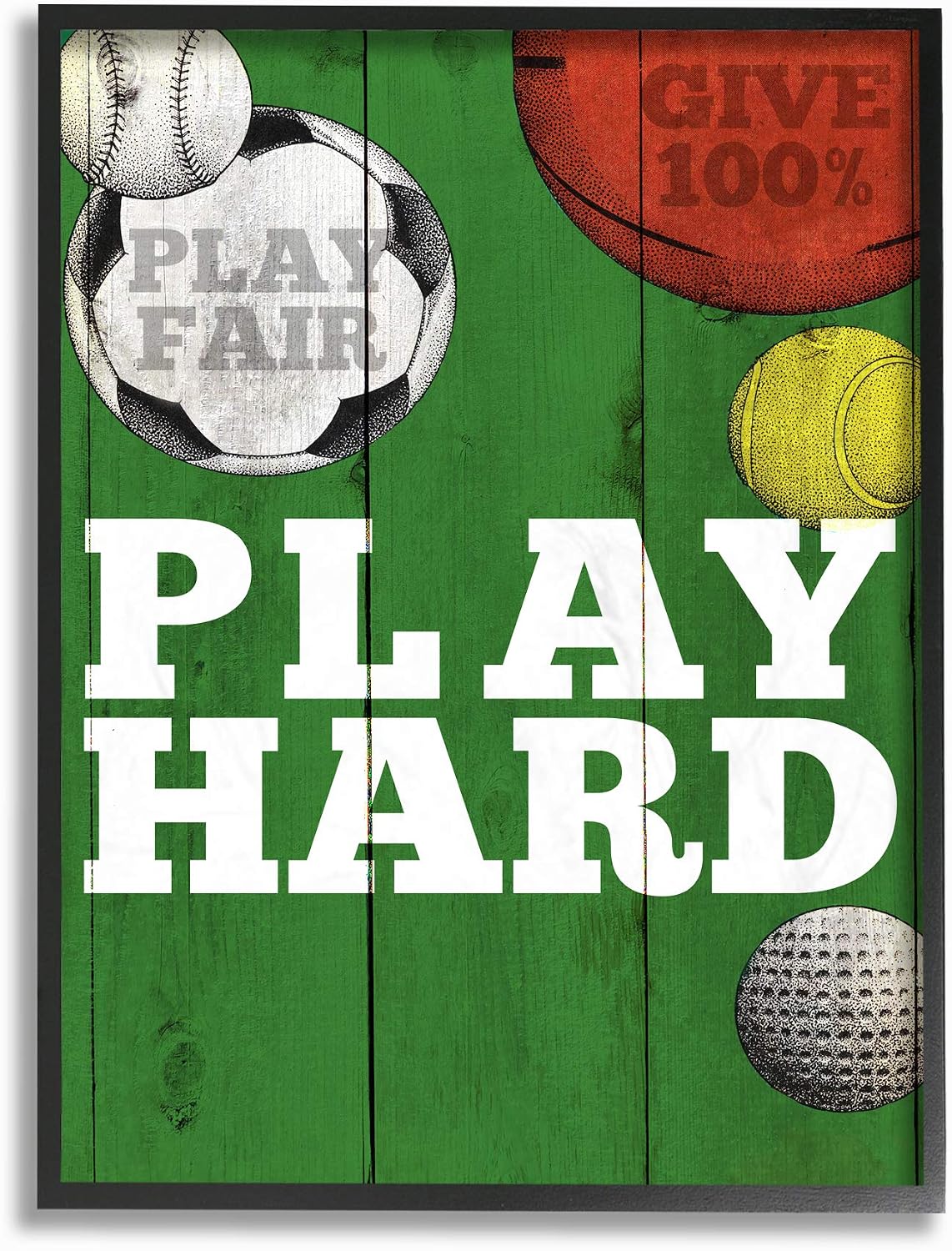 'Play Hard Sports Equipment Green Word Design'| Wall Plaque Art | Stupell Industries | 10 x 15 Inches, Easy to Hang and Sturdy, Made in USA, by The Saturday Evening Post