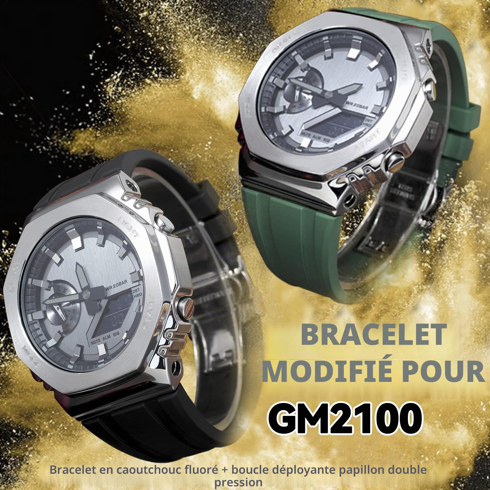 Bracelet de Montre pour GM2100 pour Homme Compatible avec Casio, Bande pour G-shock GM-2100B, Libération Rapide, Caoutchouc Fluoré, avec Outils