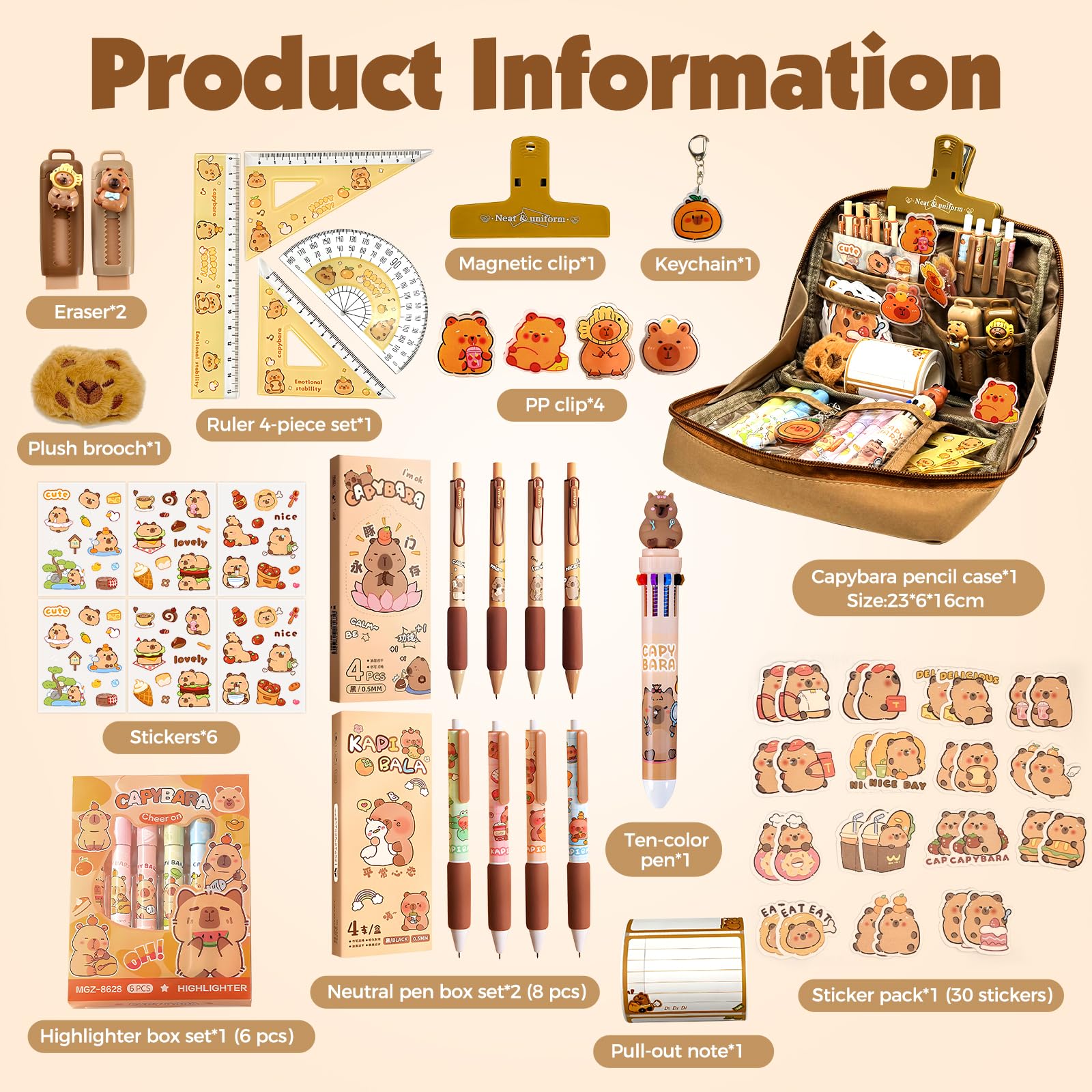 Pardofelis 66 piezas Capybara Papelería Set Lindo Capybara Estuche de Regalo para Niños y Estudiantes, Estuche Capybara con Lápices Goma de Borrar Pegatinas Clips Reglas para Escuela Oficina
