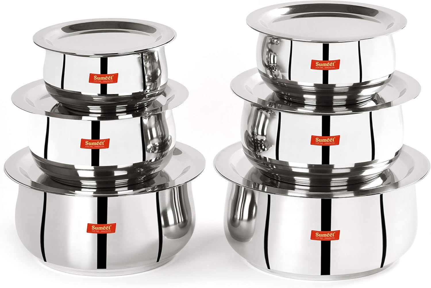 Sumeet Stainless Steel Cookware Set With Lid, 1.6, 2.1 Liters, 3 Piece (Steel)