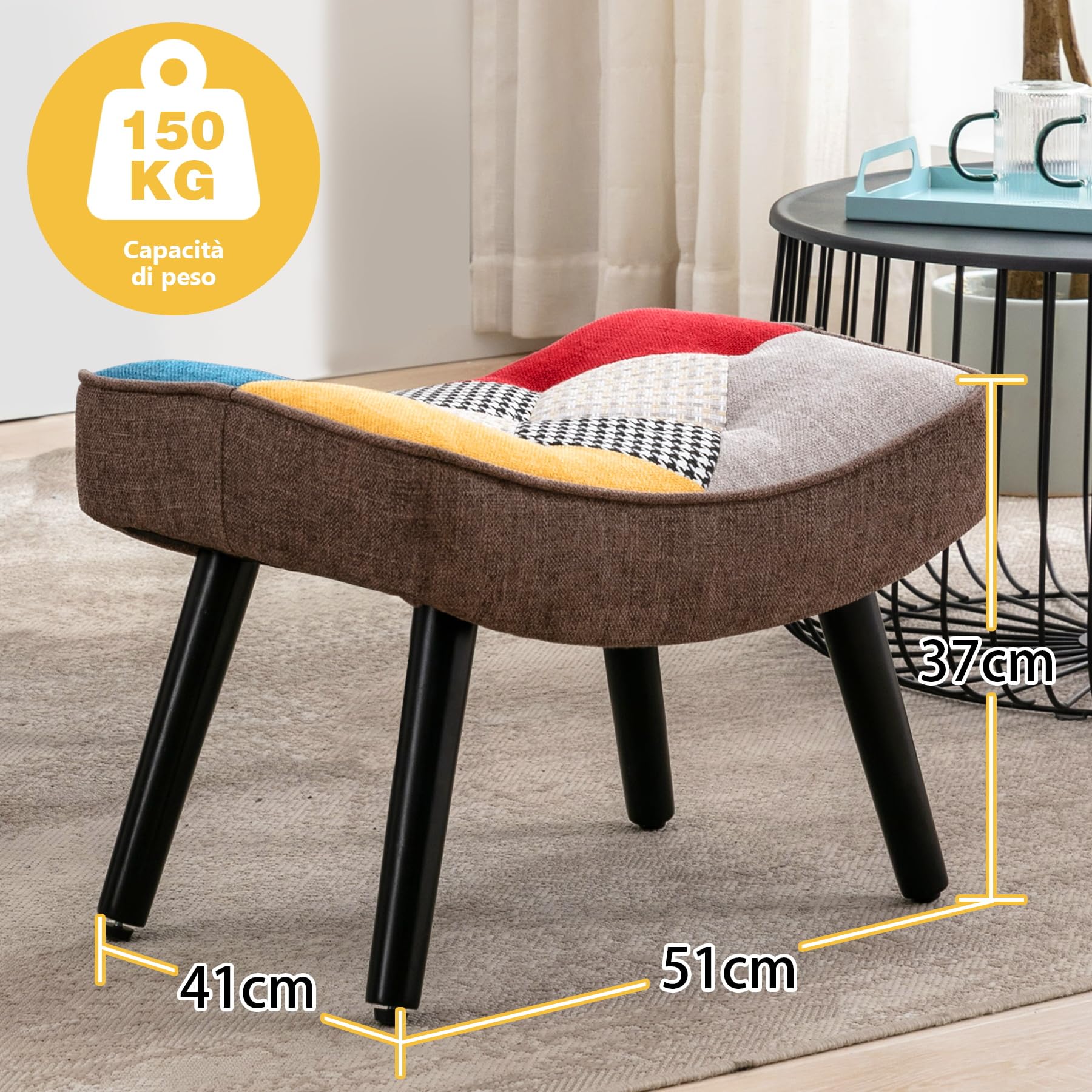 Poggiapiedi Ottomane Gambe in Legno Lino Patchwork Colorato Soggiorno Camera da Letto 41CMx51CMx37CM
