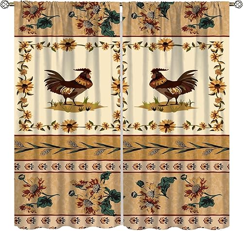 Cortinas rústicas bohemias, tratamientos de ventana florales de pollo bohemio para sala de estar, cortinas de granja de girasol, juegos de 2