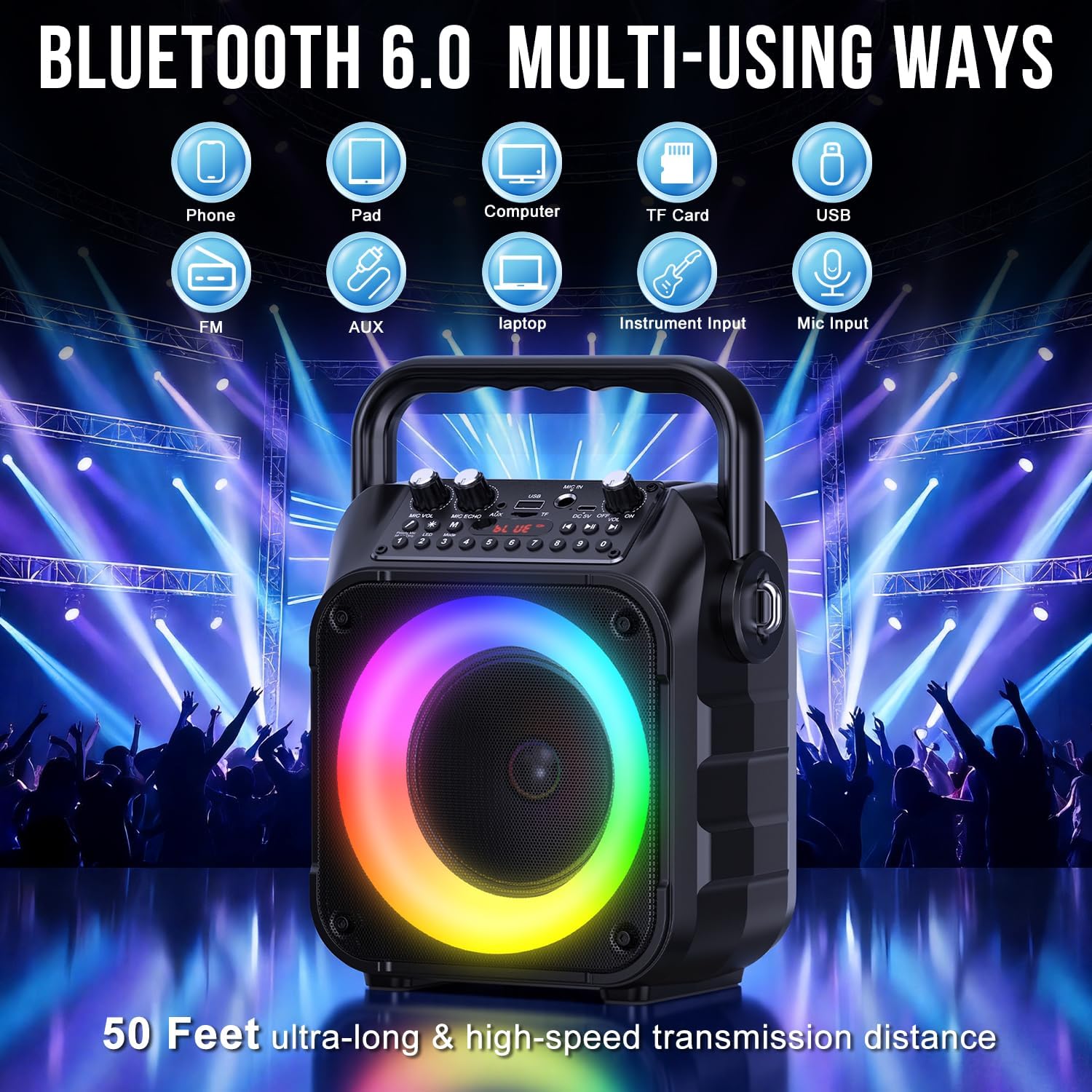 Karaoke Machine, Portable Bluetooth Speaker with 2 Wireless Mics for Adults & Kids with LED Lights, Bass/Treble Adjustment, PA System Supports USB/TF/FM/AUX/TWS for Party Home System Packages - Image 2