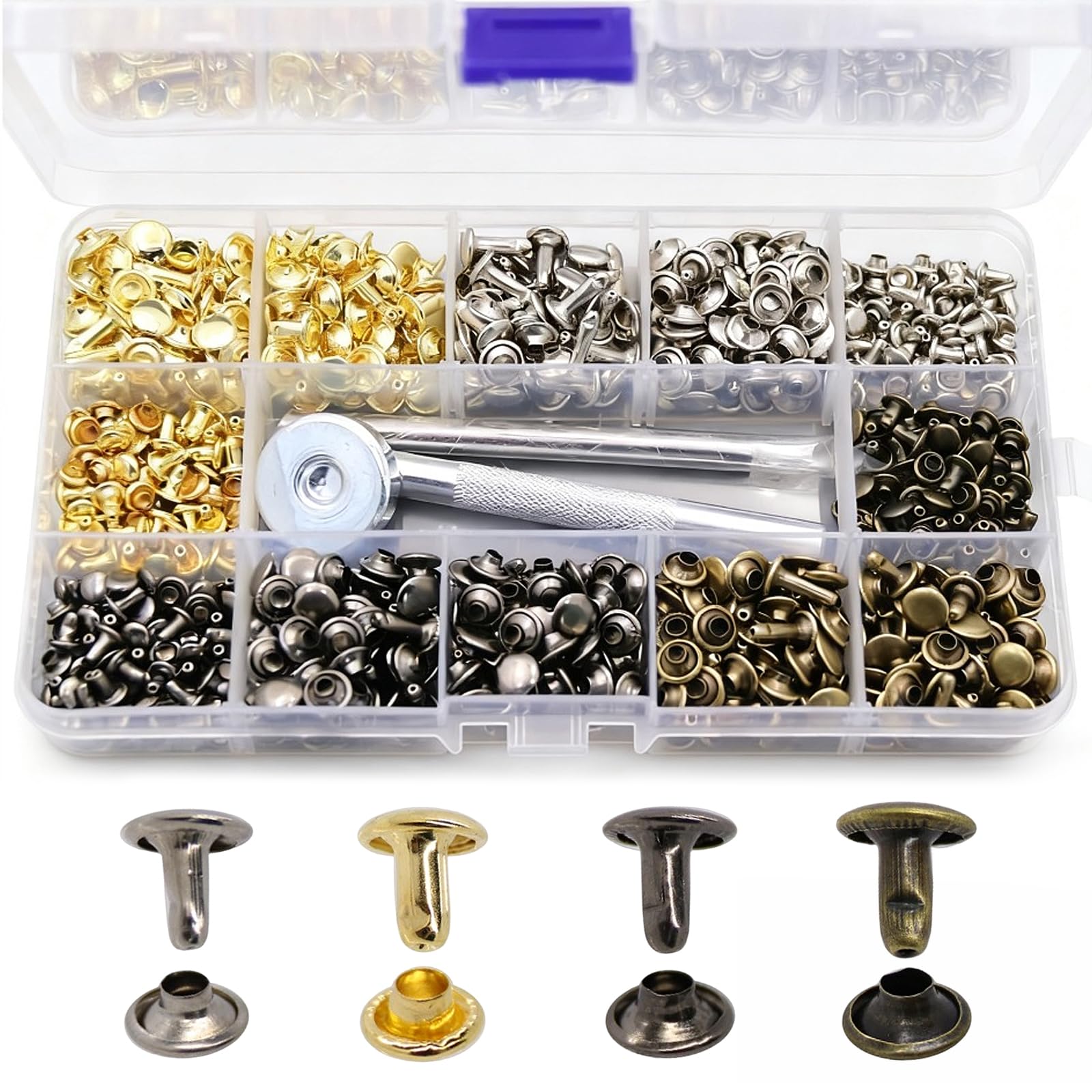 480 PCS Leather Rivets Kit, Multicolor Metal Double Cap Rivets 3 Sizes Tubular Studs Rivet with Punch Tool and Fixing Tool for Clothes Shoes Jackets