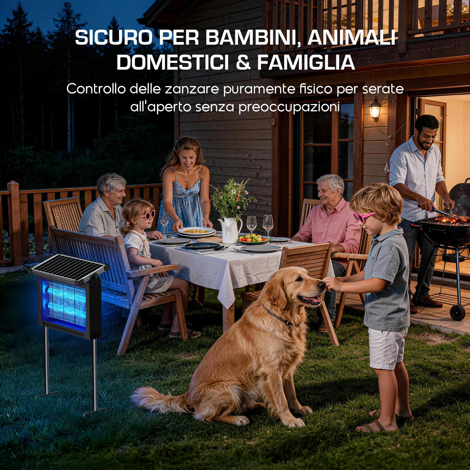 Lampada Antizanzare Solare, Zanzariera Elettrica 4500V da Esterno con Sensore del Pannello, Anti Mosche Elettrico Impermeabile, Ideale per Patio, Giardino e Campeggio (Nero)