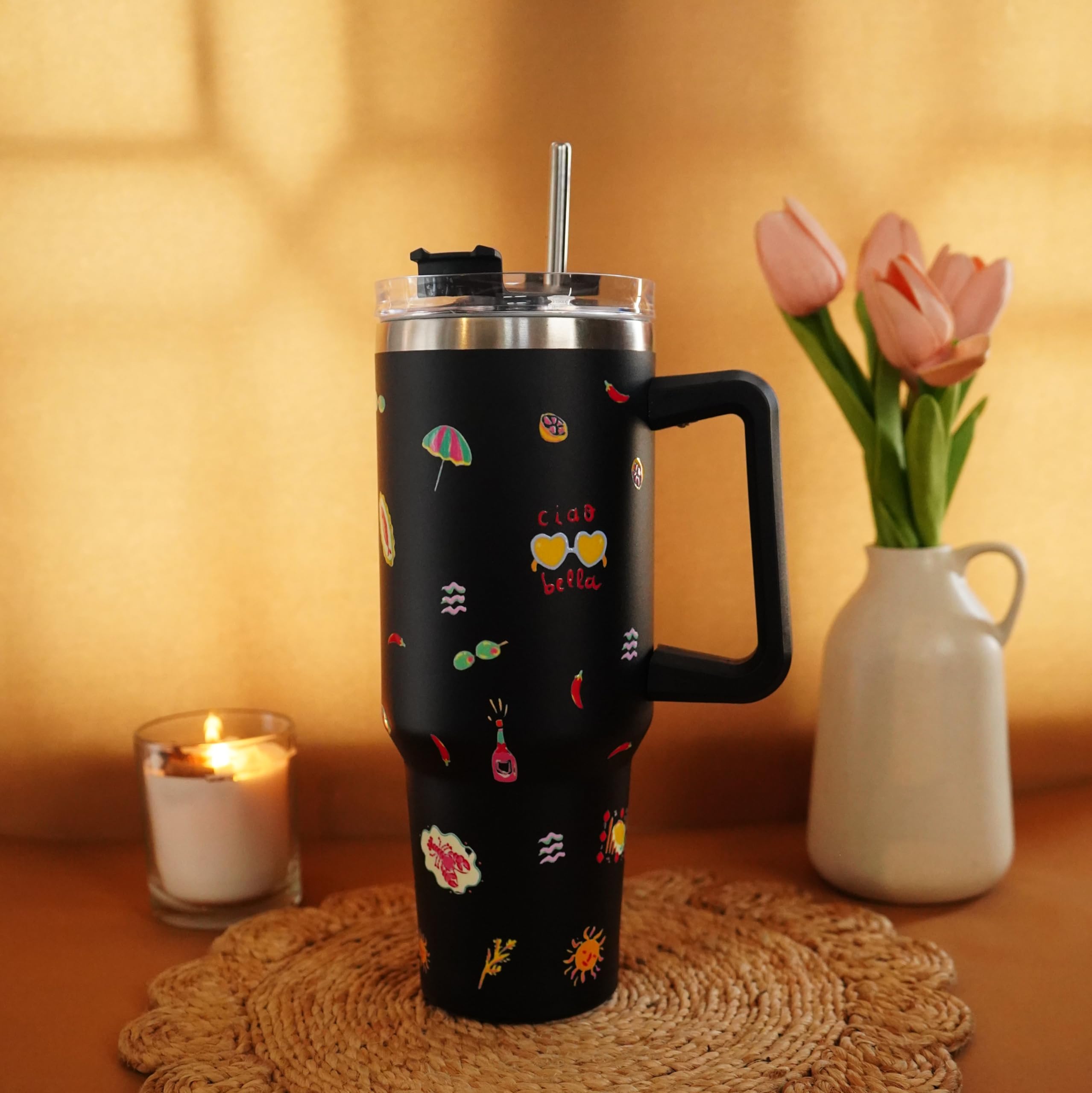 Najarat 1200ML Stainless Steel Tumbler Hot and Cold with Handle and Lid and 2 Straws, Double Insulated Cup Leak Proof Mug Cupholder for Gym, Travelling (Italian)