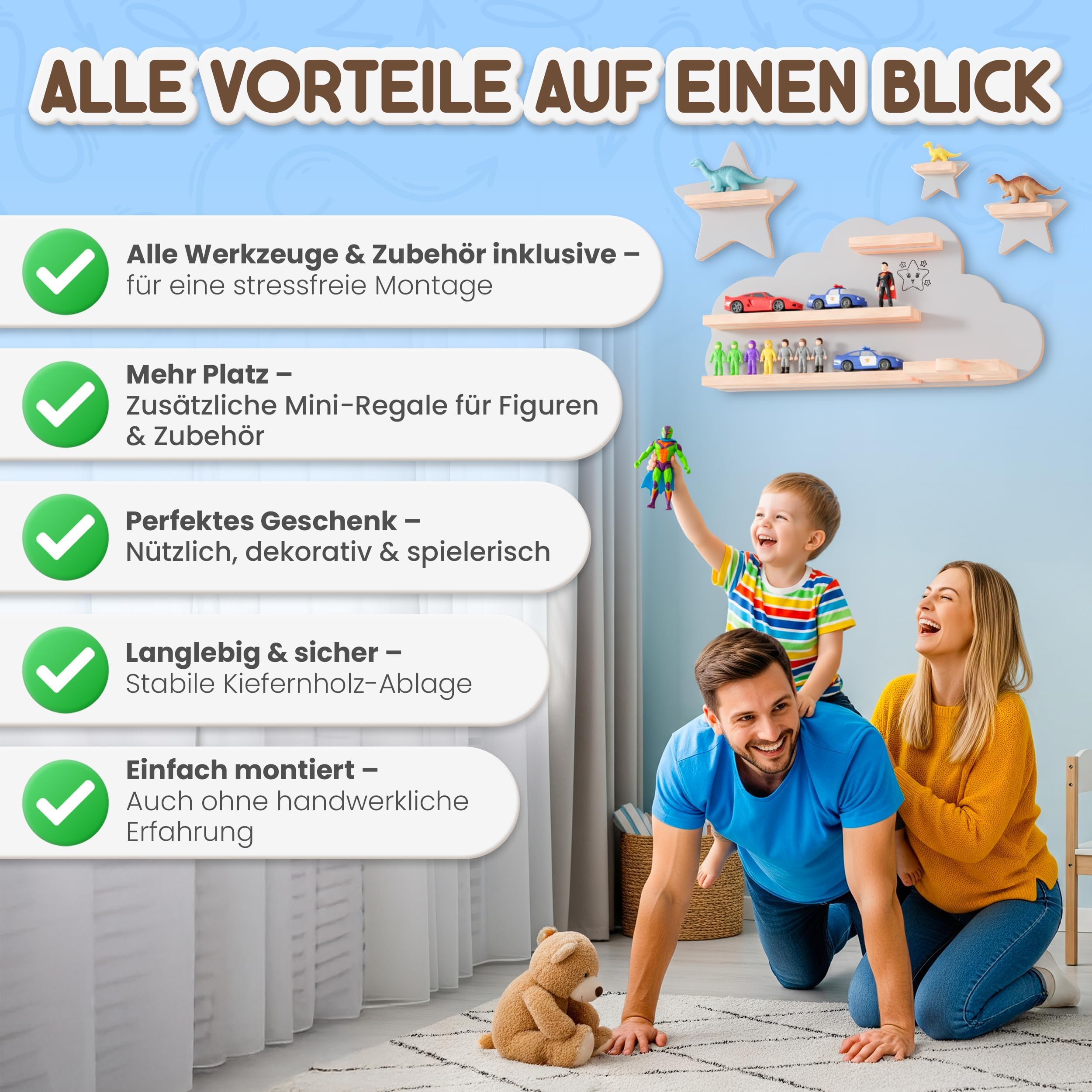 Twinklertoy’s Hörbox Wandregal aus Holz – mit magnetischer Halterung & zusätzlichen Sternen – für 30–37 Hörfiguren – Regal in Wolkenform fürs Kinderzimmer – kompatibel für Toniebox & Figuren
