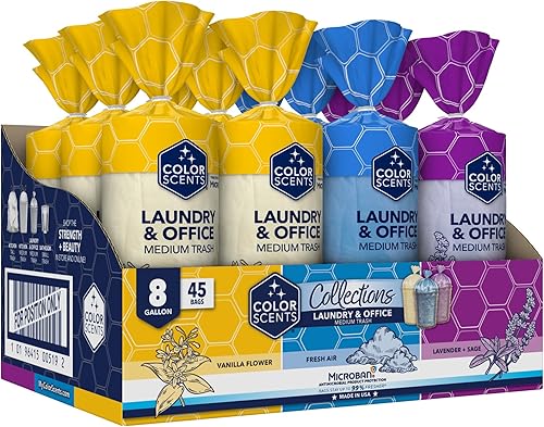 Color Scents Bolsas de basura medianas 8 galones, 540 bolsas en total (12 paquetes de 45 unidades), Twist Tie (3 combinaciones únicas de aroma +