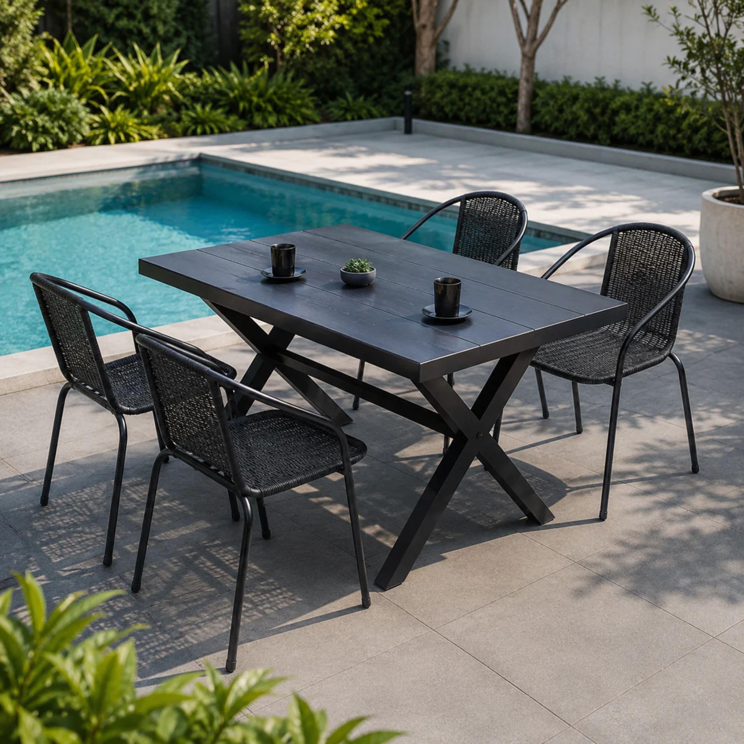 Viron Set Pranzo Esterno da 4 Persone Tavolo 90x130x74h cm e 4 Sedie da Giardino in Alluminio, Legno Composito e Rattan Nero Opaco