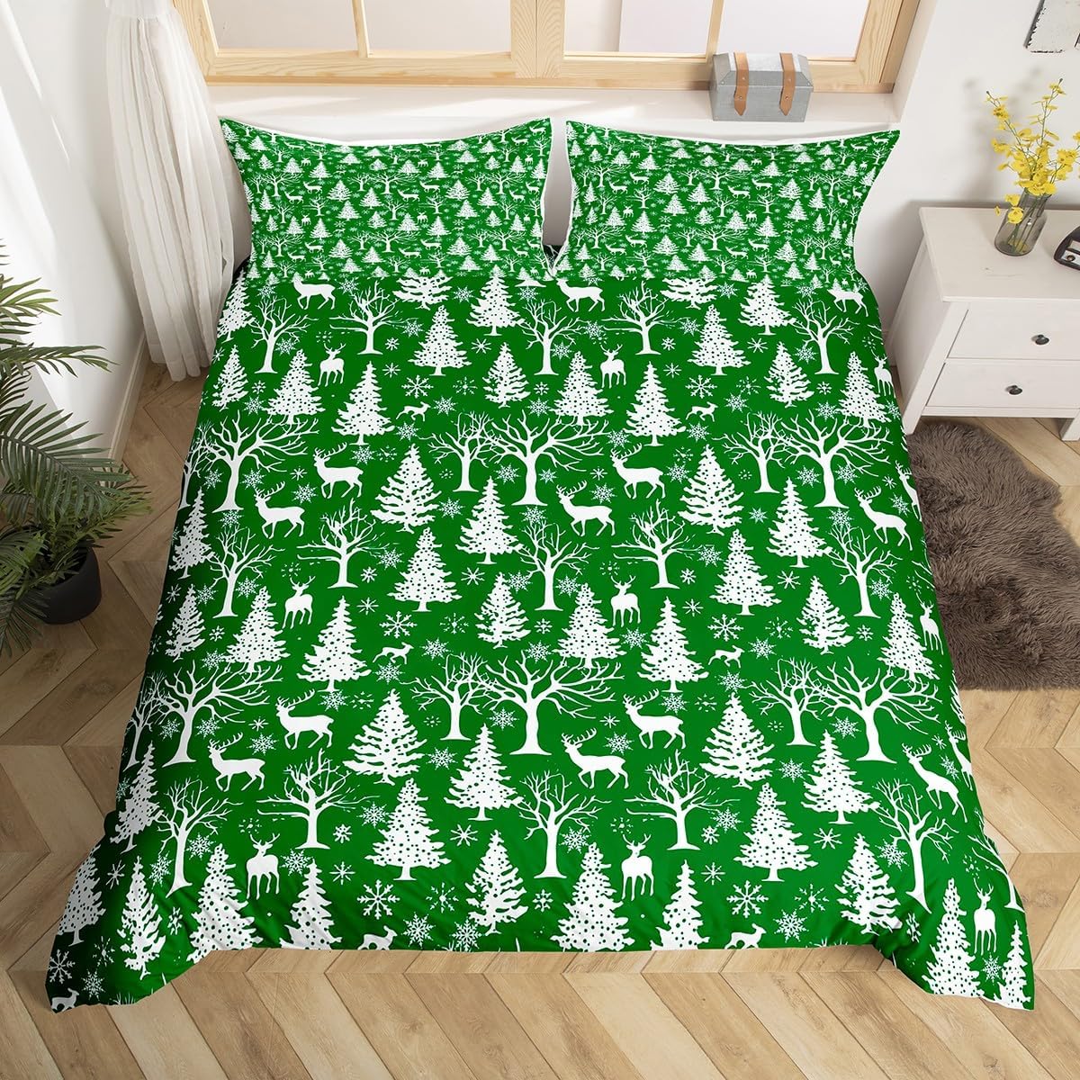 Feelyou Merry Christmas Duvet Cover Kids Boys Girls King Size Xmas Deer Elk Decor Bedding Set Ultra Soft Christmas Tree Comforter Cover Set Snowflake Bedspread Cover Room Decor Christmas Ornaments