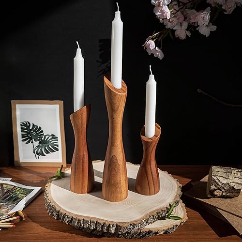 Miniatura 10 de OLEEK Juego de portavelas de madera de granja (12, 10, 8 pulgadas), pilar de madera para decoración de mesa de café (se adapta a velas de 78