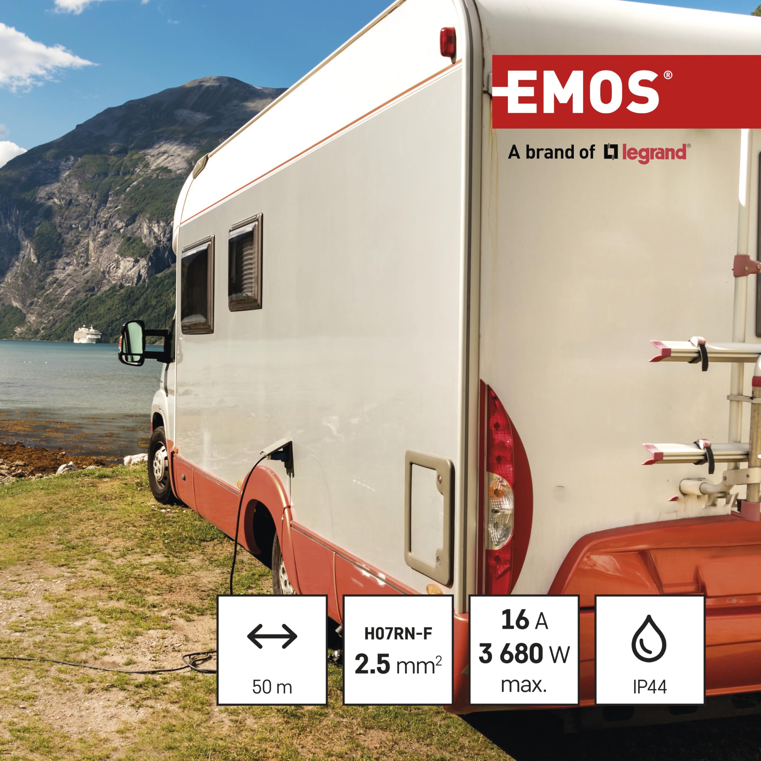 EMOS - Kabeltrommel 50m mit verstärktem Kabel - 4 French-Steckdosen - wasserdicht, schlagfest, hitze- & kältebeständig - 230V, 16A, 3680W - Gummi-Isolierung - H07RN-F3G 2,5 mm2 - IP44 für Außen