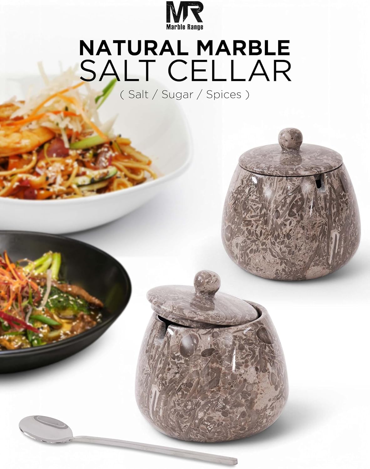 Large Marble Salt Cellar With Lid and Spoon 4.5" Inches Salt Bowl