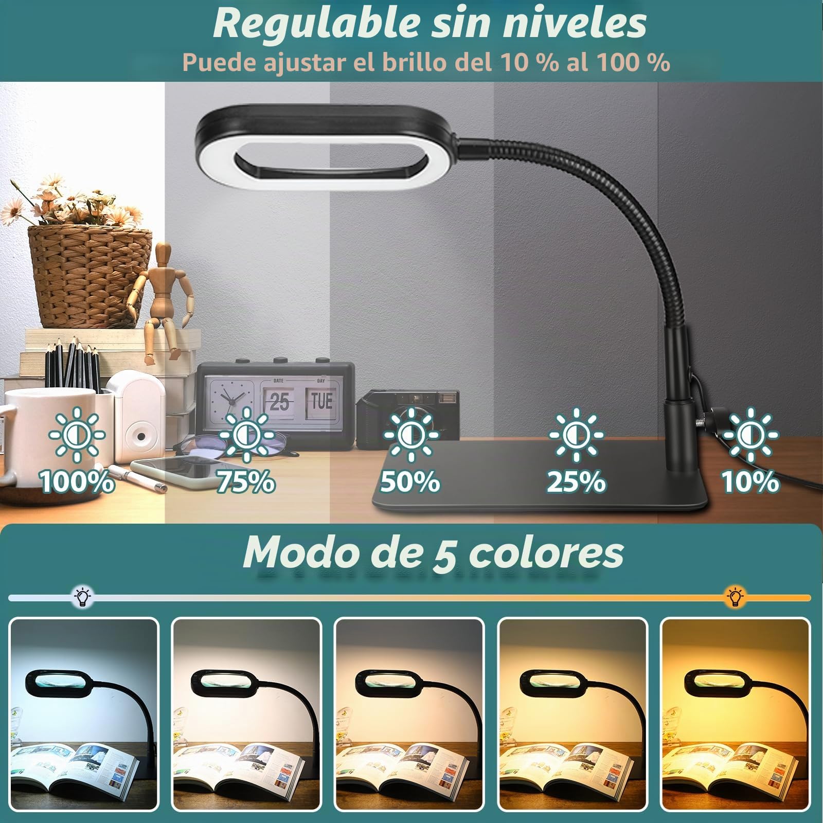 Drdefi 10X Rectangular Lupa con Luz y Soporte, 5 Modos de Color, Regulabilidad Continua, LED Lámpara de Escritorio Flexible con Cuello de Cisne, Lámpara de Lupa Manos Libres para Lectura Reparación