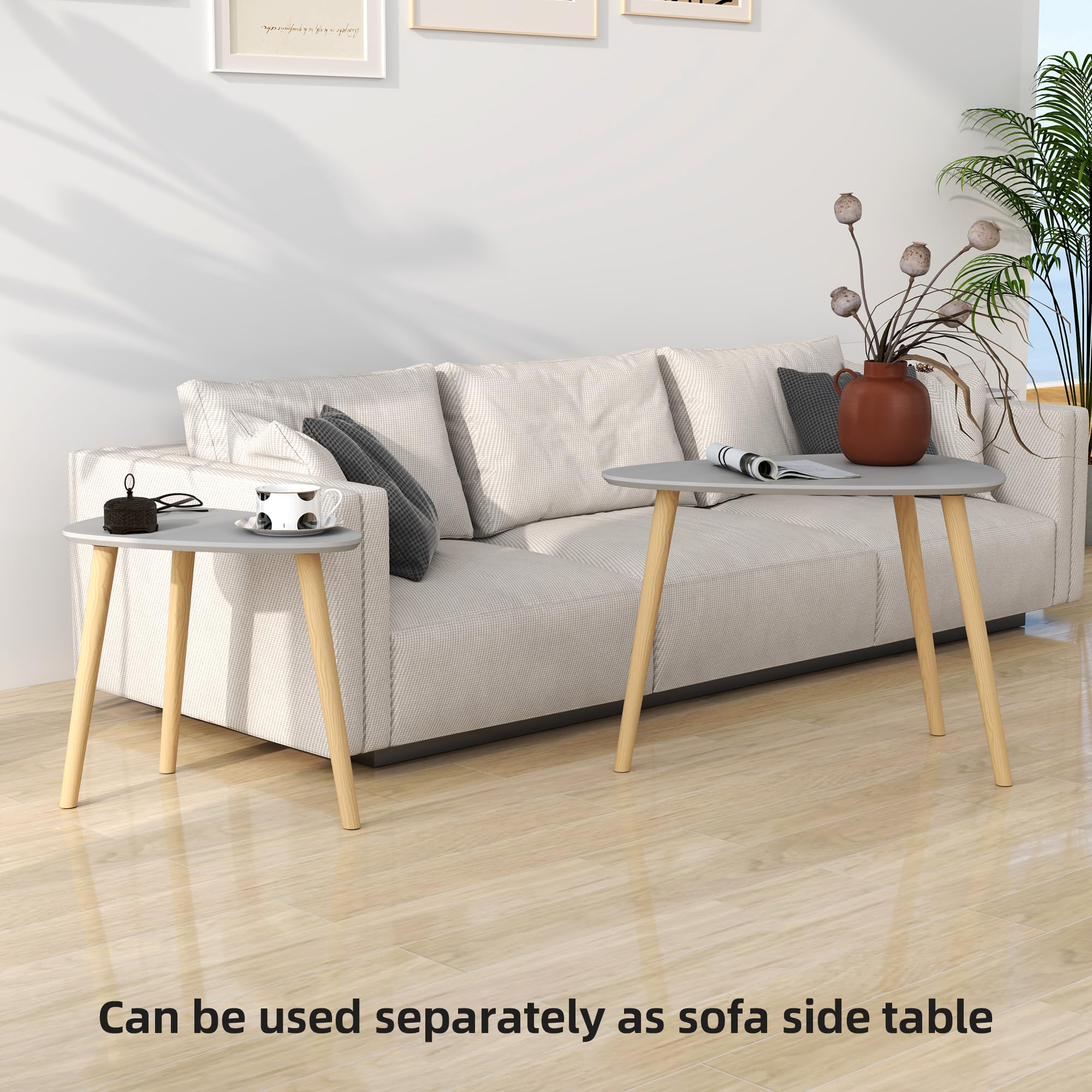 HOMCOM Set di 2 tavolini con gambe in legno Tavolini da caffè per soggiorno, camera da letto, ufficio 59,5x39,5x45 cm e 44,5x28,5x40 cm Grigio e naturale