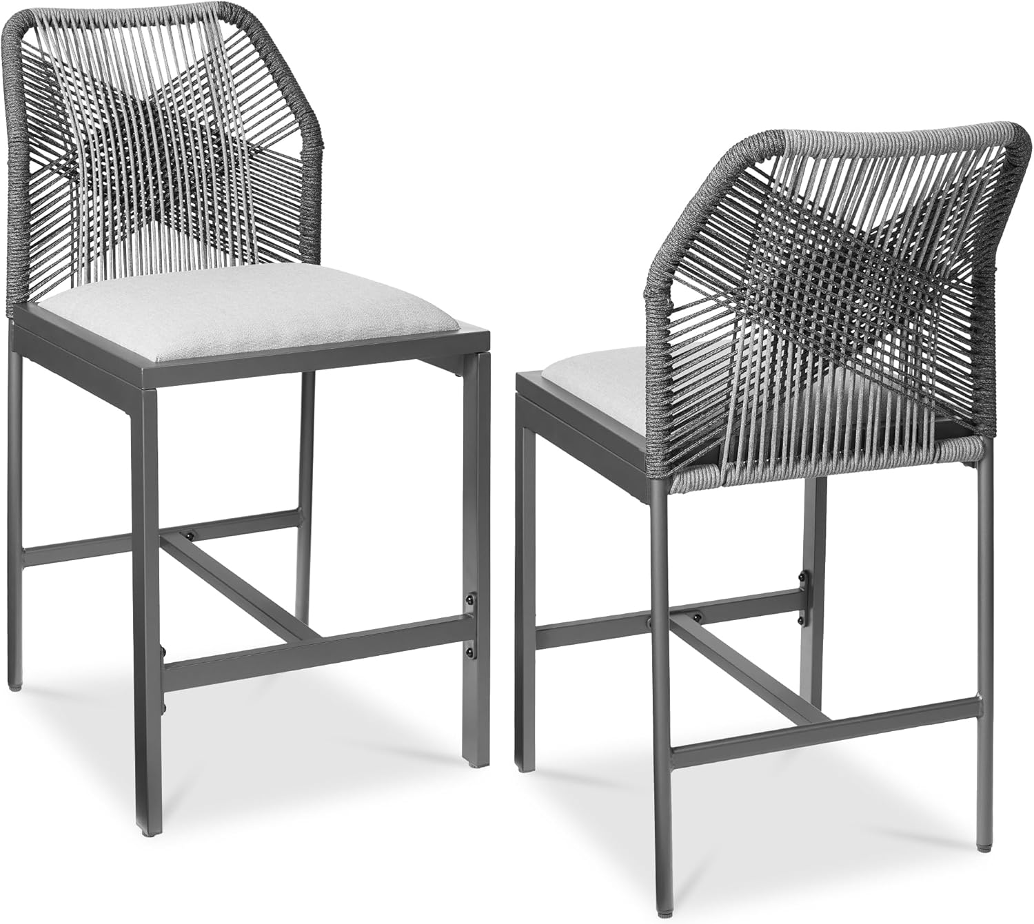 Best Choice Products Indoor Outdoor Counter Height Bar Stools Set of 2, Armless Kitchen Counter Stools w/Back and Footrest, Built-in Cushion, Aluminum Frame - Charcoal/Graphite