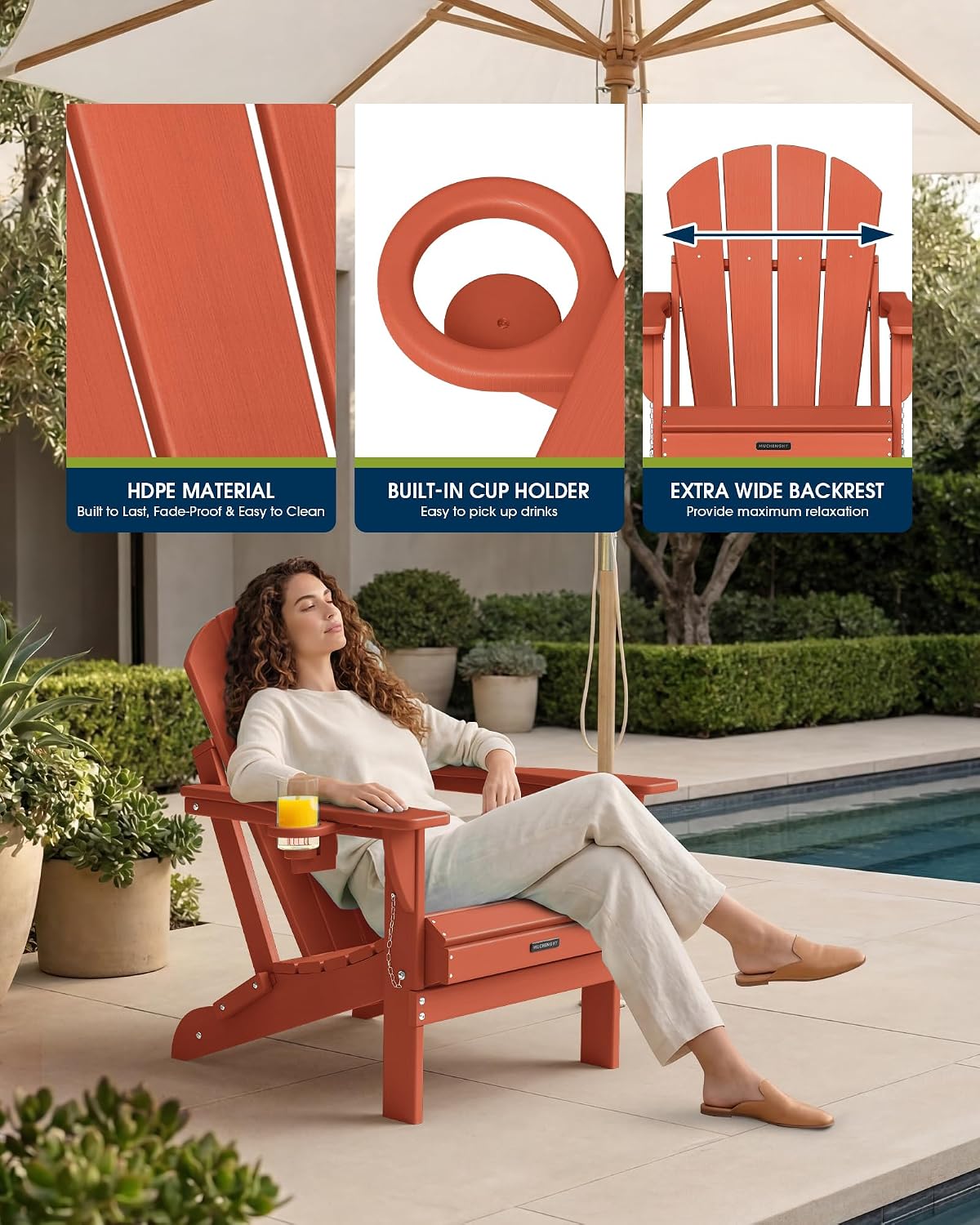 MUCHENGHY Folding Adirondack Chairs, HDPE Patio Chair, All-Weather, Orange