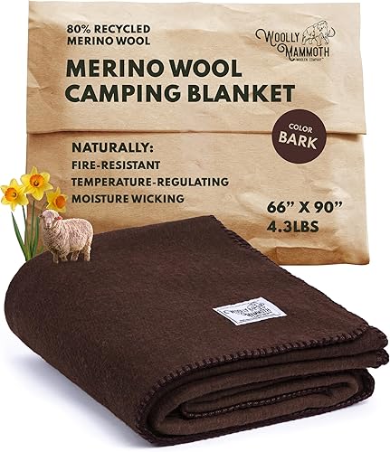 Woolly Mammoth Woolen Company Manta de Lana - 66 x 90 pulgadas, Corteza, 80% Lana Merino - Mantas de Campamento para Clima Frío - Durabilidad de