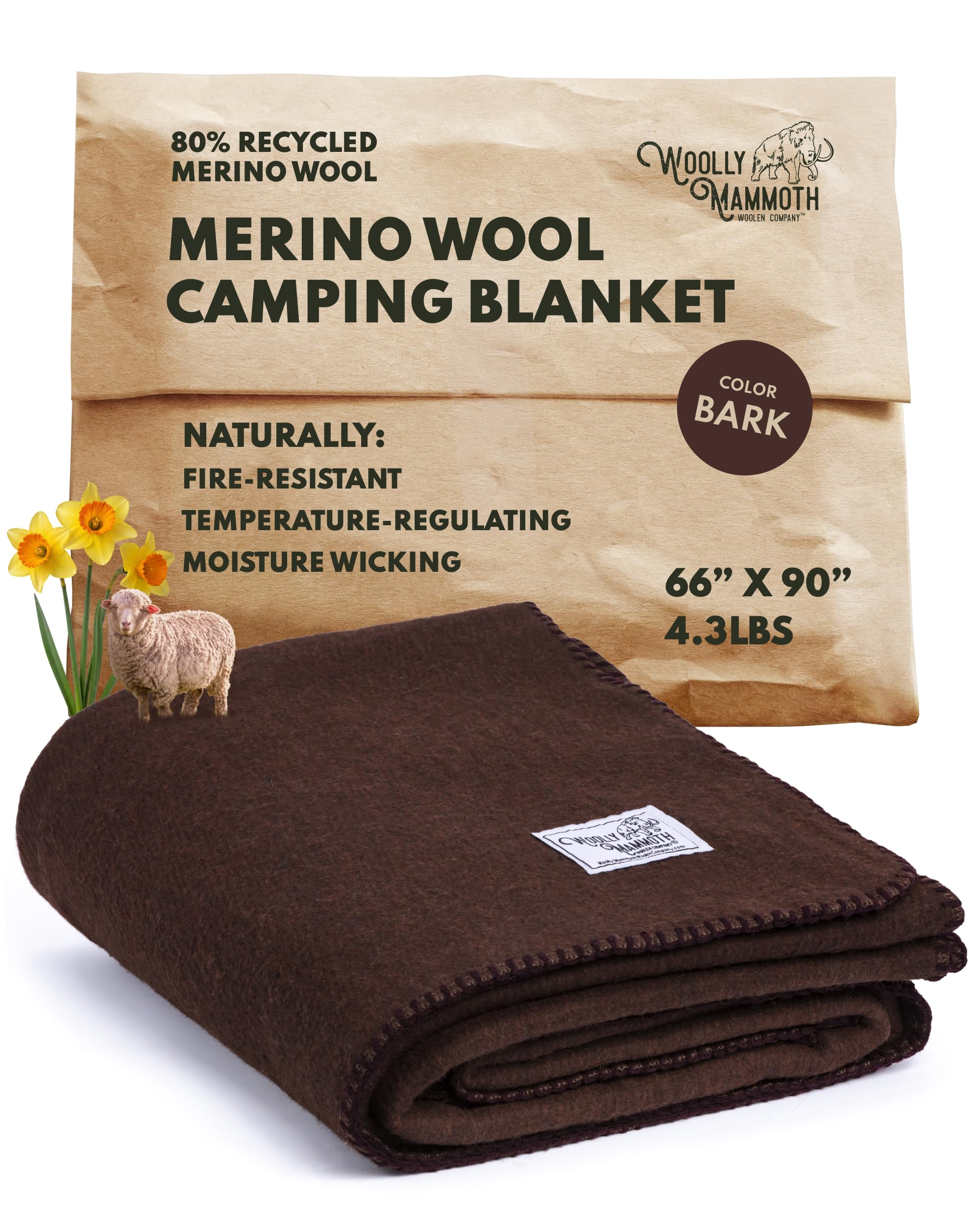 woolly mammoth woolen company merino wool blanket - 66 x 90 in, bark, 80% wool comforter - washable, heavy camping blankets for backpacking - outdoor throw & bedroll for vans & hikes
