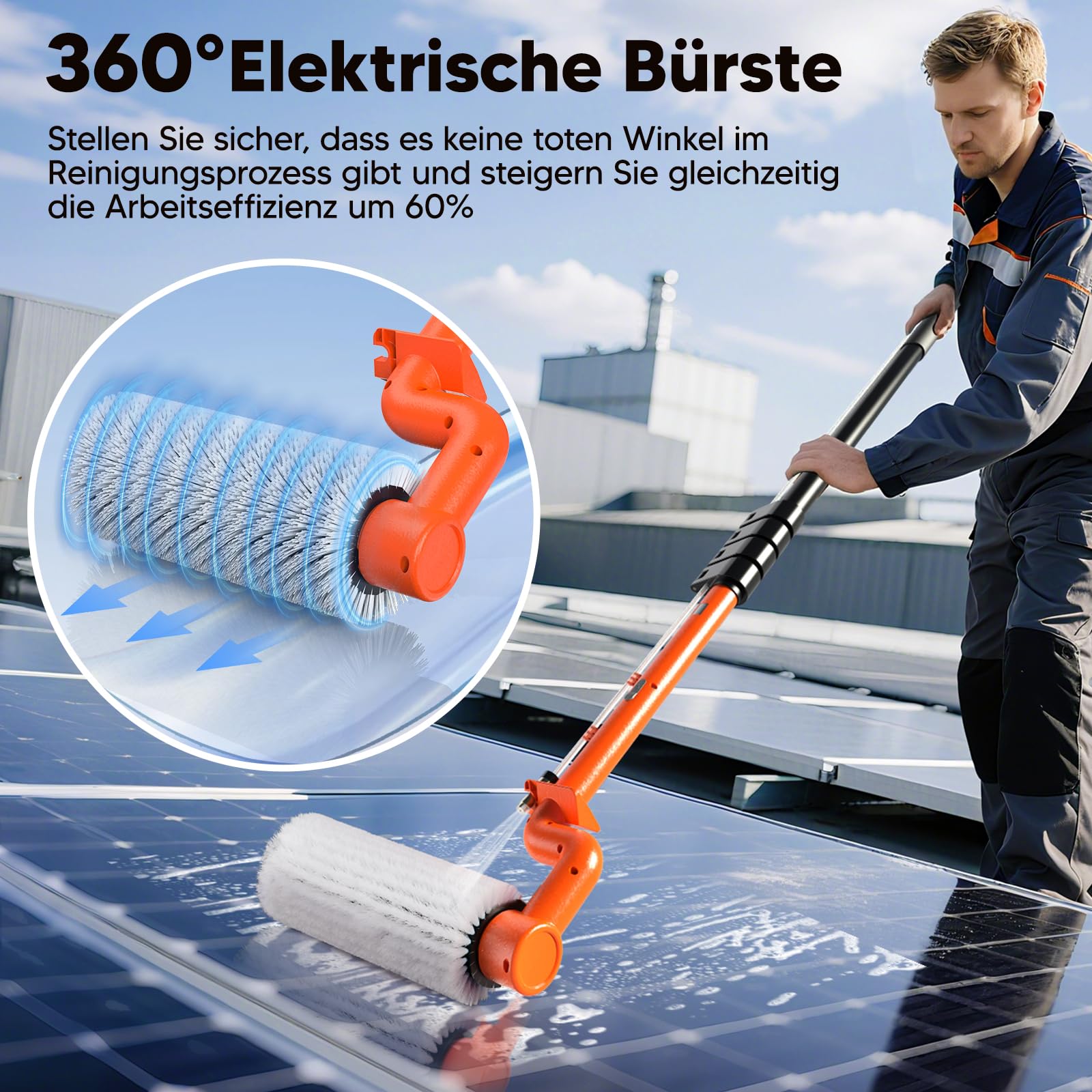 Elektrische Teleskop Waschbürste mit Teleskopstiel 6,5m - PV Anlage Reinigungswalze Waschbürste | Ausziehbar Teleskopstangen Reinigung für Fenster, Terrassendach, Wintergarten Reinigungsset