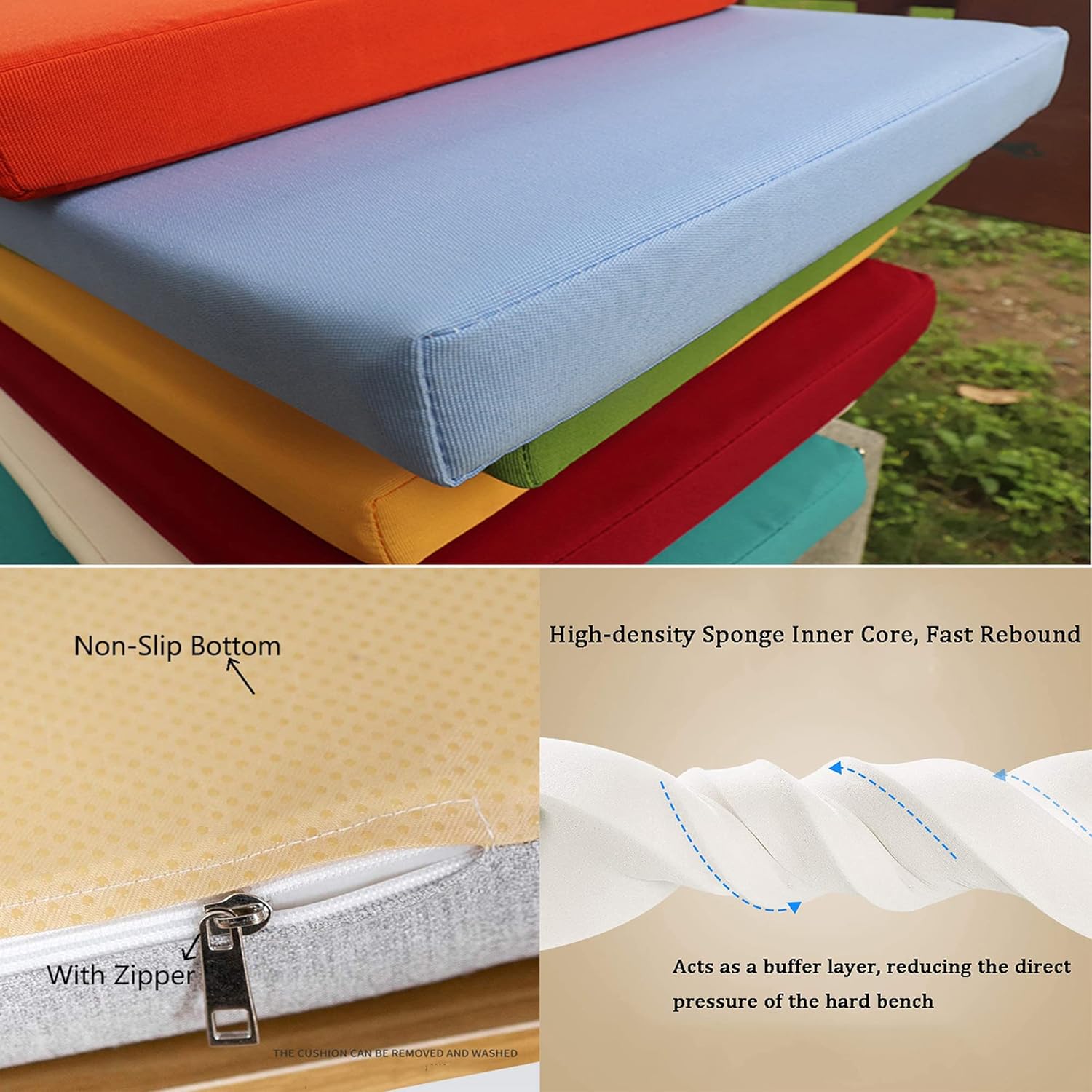Waterproof Garden Bench Cushion Pad 2/3/4 Seater 5cm Thick Bench Seat Cushions With Zipper Removable Washable Chair Pad for Patio Home Furniture Indoor Outdoor