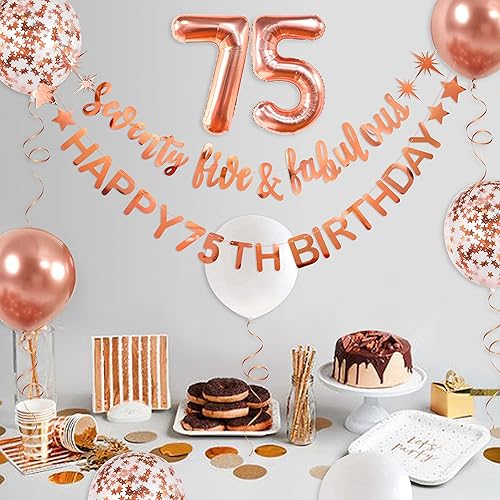 Miniatura 5 de Rosa dorado setenta y cinco y fabuloso cartel de feliz cumpleaños número 75, guirnalda de papel de aluminio para decoraciones de cumpleaños número