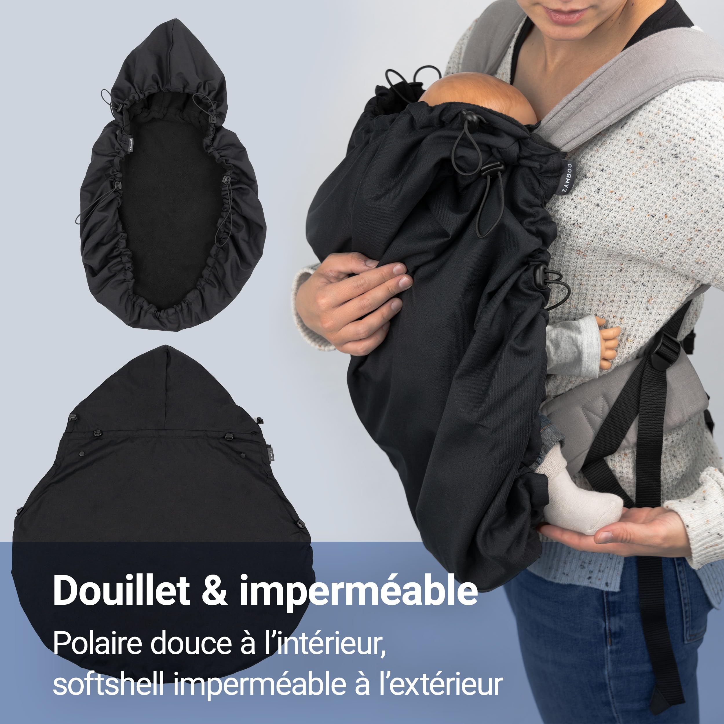 Zamboo Cape Porte Bebe – Protection Froid et Vent en Polaire - Noir | Compatible par ex. avec Infantino, Momcozy porte-bébé ventral I Certifiée OEKO-TEX Standard 100