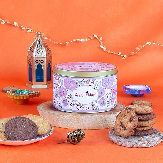 CookieMan Ethnic Diwali Cookies Gift Tin | 300g Diwali Cookies Gift Tin Contains Choco Chip, Double Choco Chip, Butter Cashew, Mocha and Black Currant Cookies