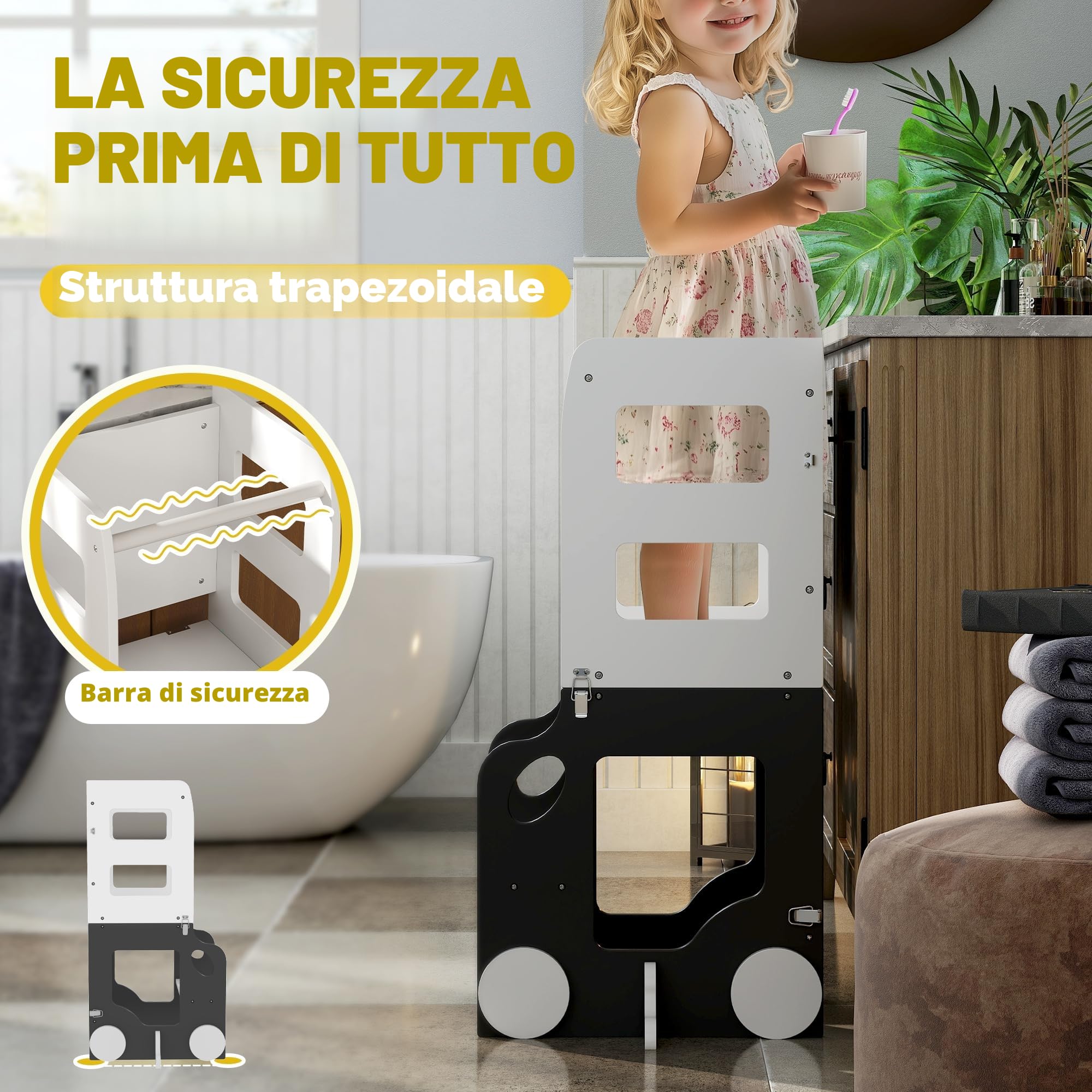 AIYAPLAY Scala Montessori 4 in 1 Pieghevole per Bambini 3-6 Anni con 2 Lavagne e Set Tavolo e Sedia, Torre Montessoriana a Forma di Auto in MDF e Legno di Pino, 58x46x92 cm, Bianco