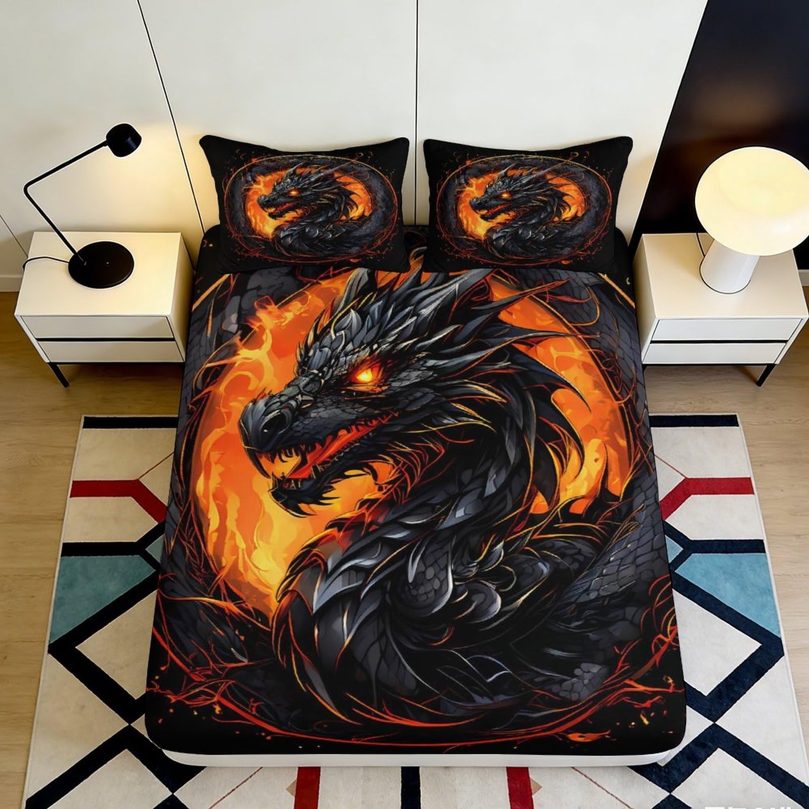 3D Printed Fire Dragon Fitted Sheet Microfiber Black Orange Fantasy Flame Mattress Cover for Bedroom Dorm Decor 200x200x25cm
