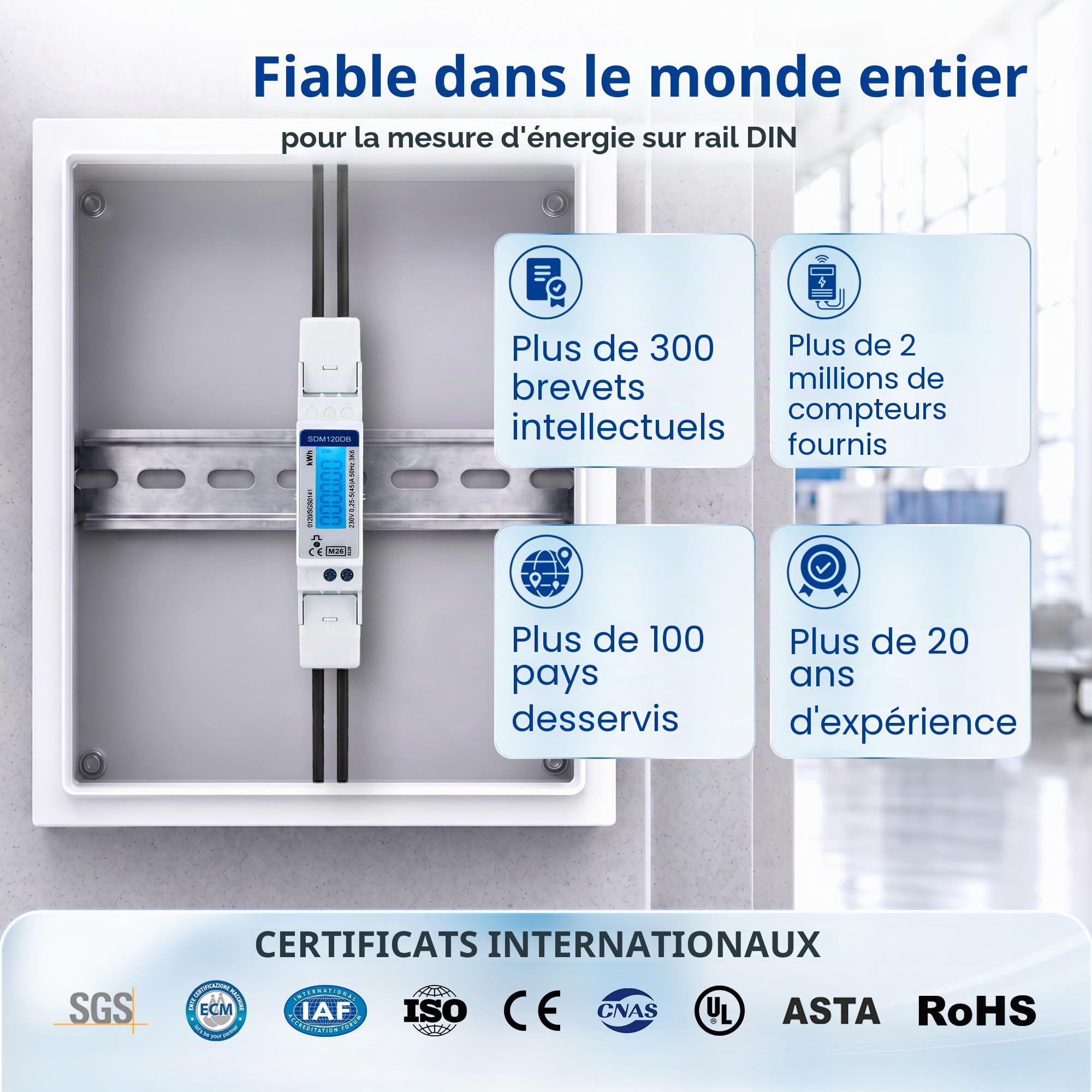 SDM120DB-MID Compteur d'électricité monophasé, sortie d'impulsion 1000imp, secteur 45A kWh, moniteur d'énergie sur rail DIN à faible coût, avec compteur d'impulsions, écran LCD rétroéclairé