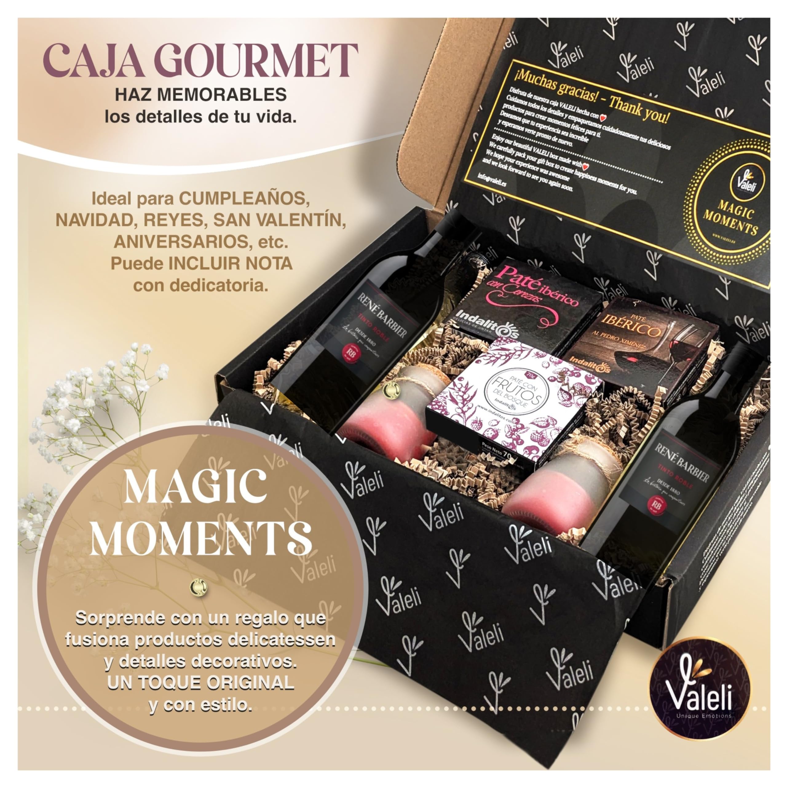 VALELI Cesta Gourmet para Regalar con Patés Ibéricos, 2 Botellas de Vino 25cl y 2 Velas Decorativas