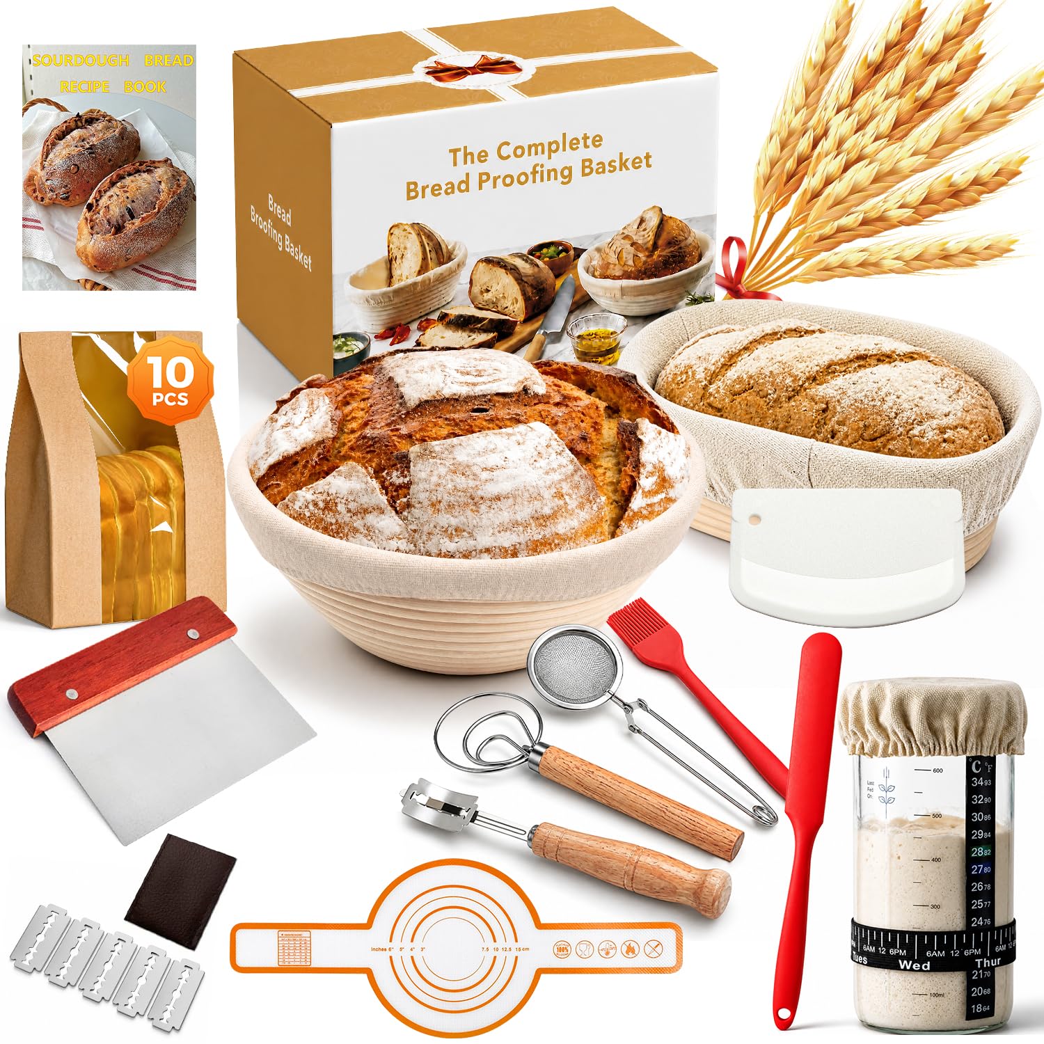 Gärkörbchen Sauerteig Starter Set, 2 Rattan Gärkörbchen (25cm Ovale & 23cm Runde), Sauerteig Glas, Komplett Brot Backen Zubehör Set, Geschenk für Anfänger & Fortgeschrittene Bäcker