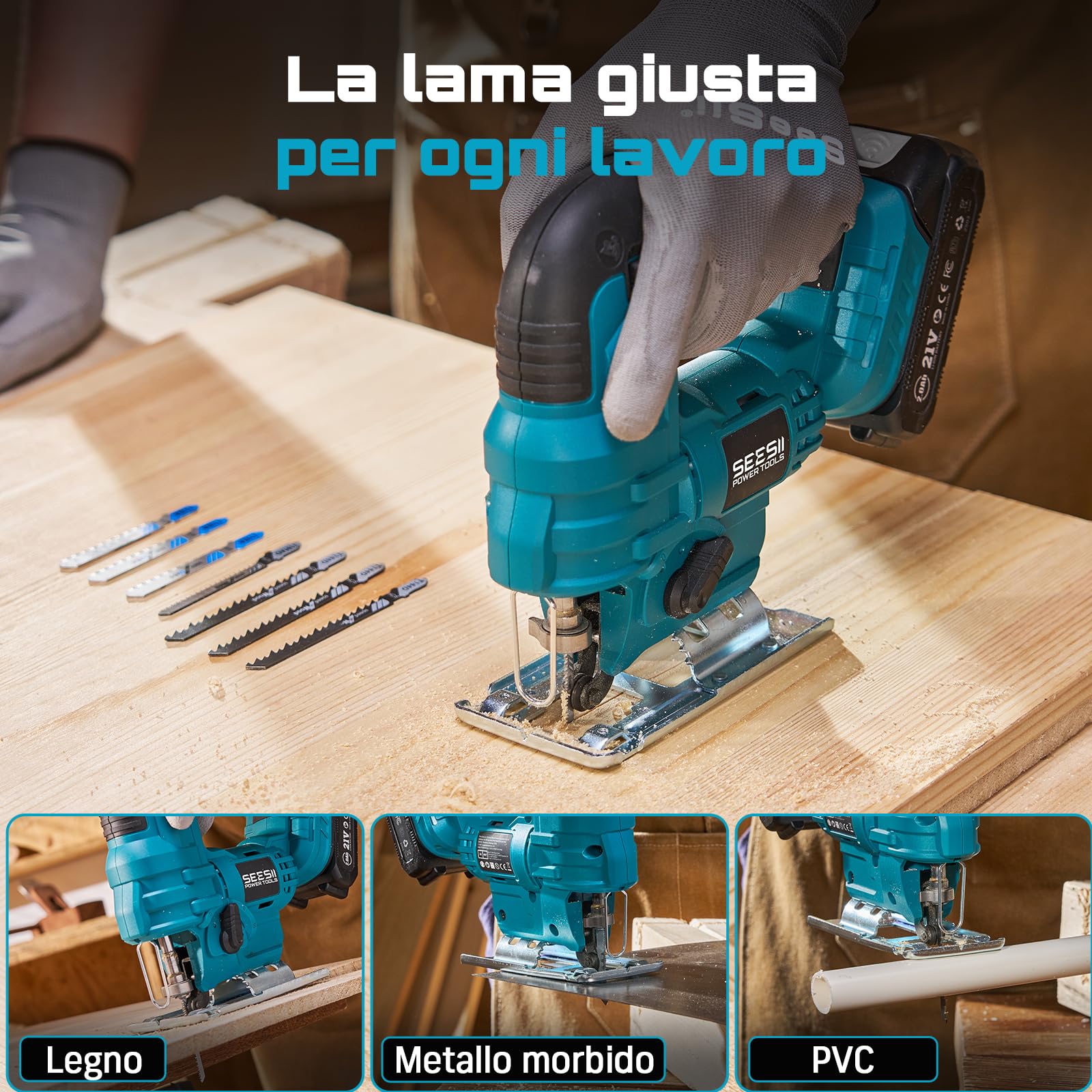 Seesii Sierra de Calar sin Cable 21V, Sierra de Calar Eléctrica con 2× 2.0Ah Baterías, 2800RPM Velocidad Variable para Cortar Madera, Cortes Biselados 0°-45°, Luz LED, 4 Ajustes Orbitales