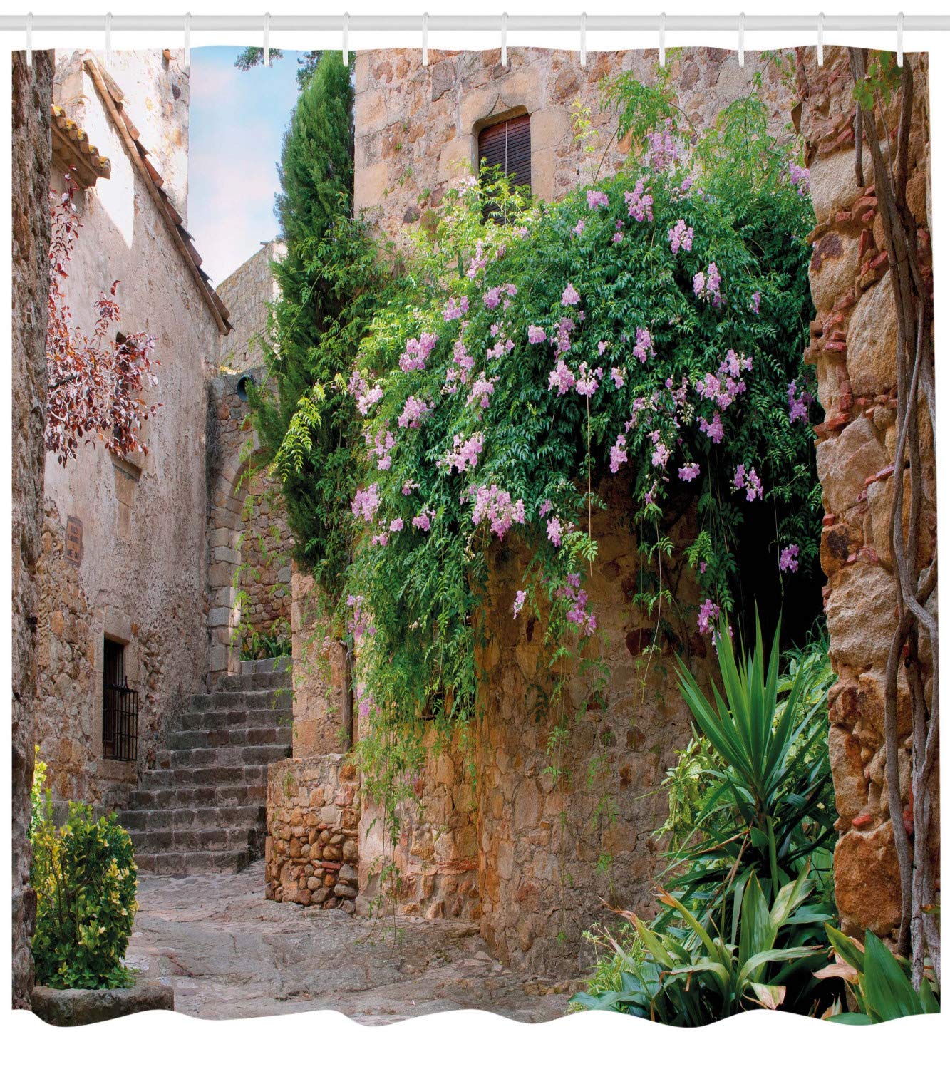 ABAKUHAUS Landscape Shower Curtain, Summer Garden Flowers Marigold Stones Antique House in Spain Art Print - Image 2